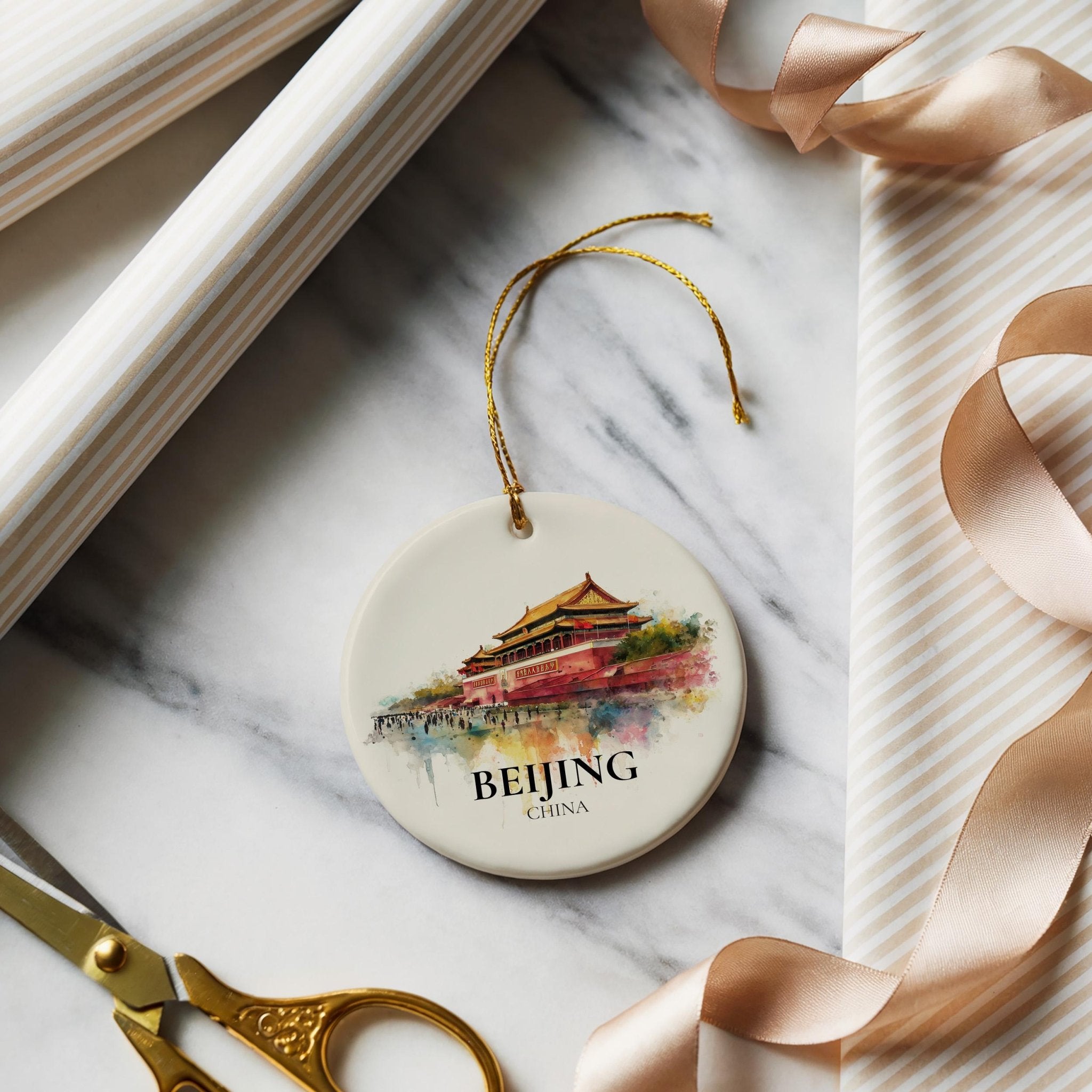 Beijing China Personalized Watercolor Ornament, Custom Ceramic Christmas gift, Travel Keepsake - CuteBeePix