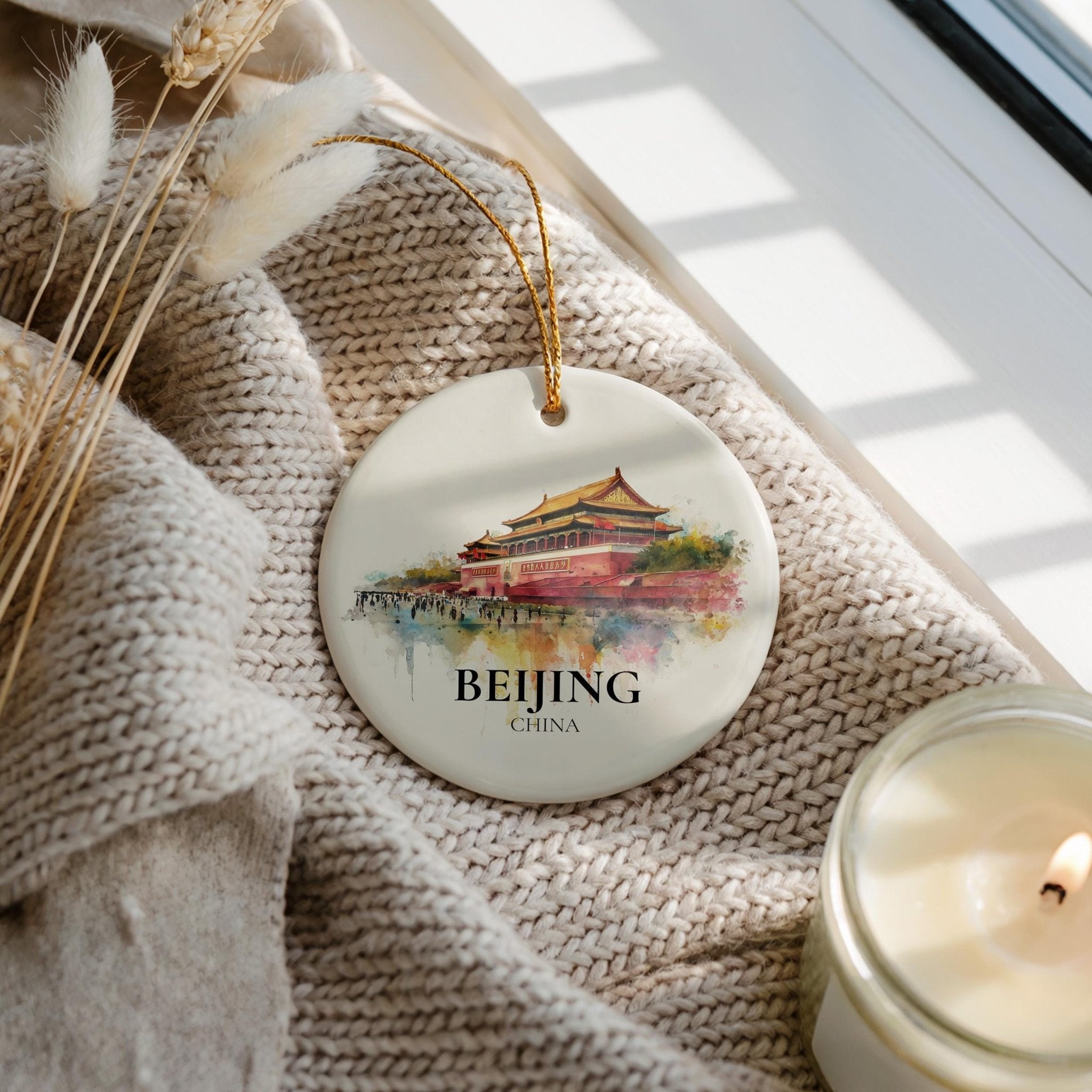 Beijing China Personalized Watercolor Ornament, Custom Ceramic Christmas gift, Travel Keepsake - CuteBeePix