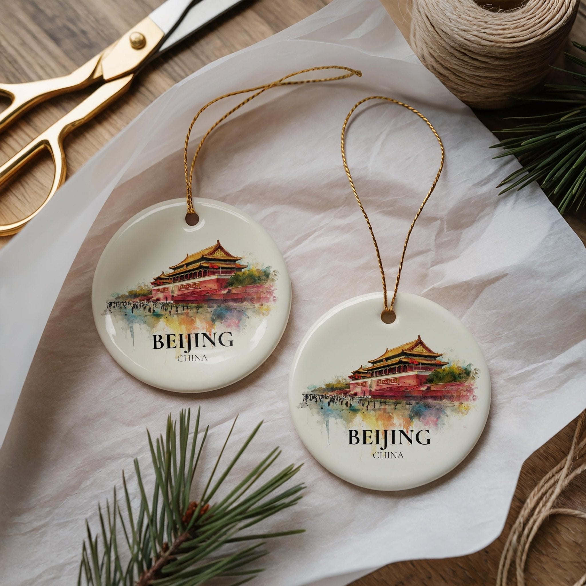 Beijing China Personalized Watercolor Ornament, Custom Ceramic Christmas gift, Travel Keepsake - CuteBeePix