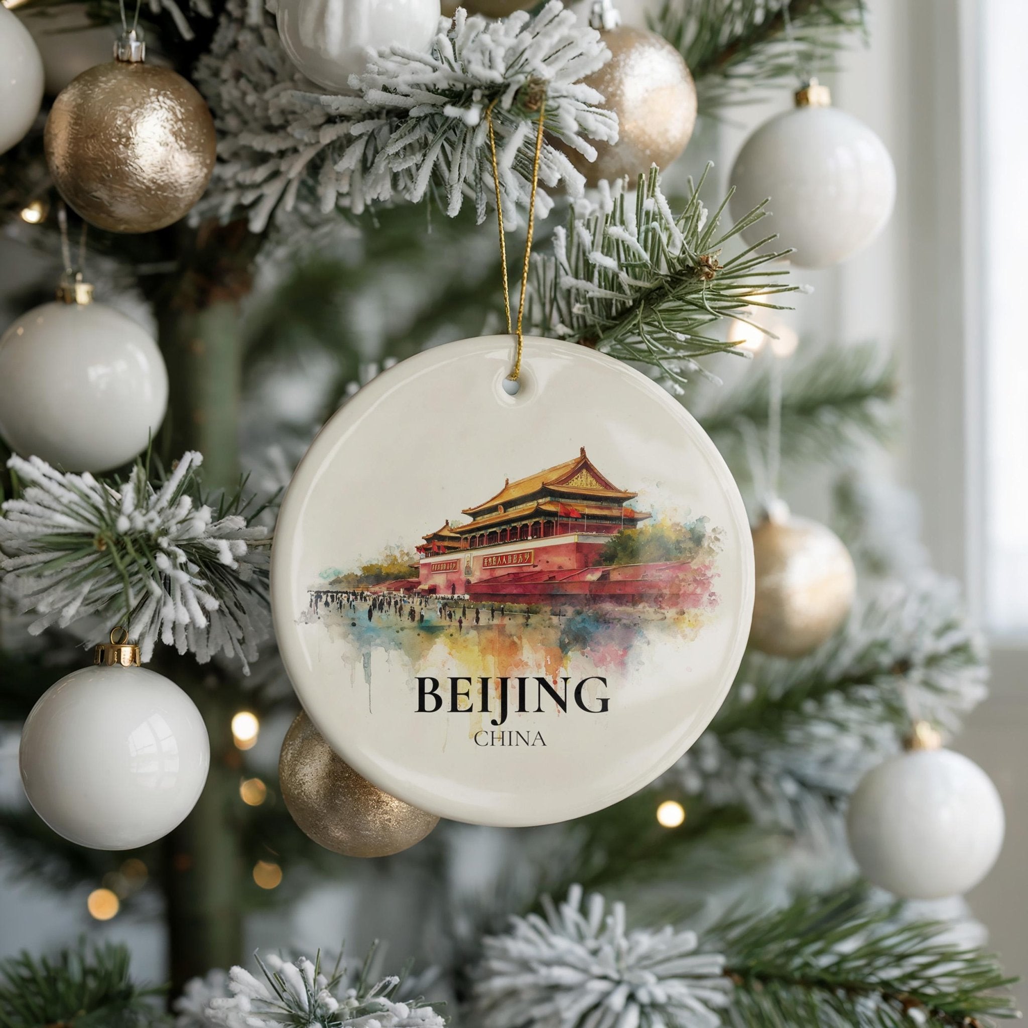 Beijing China Personalized Watercolor Ornament, Custom Ceramic Christmas gift, Travel Keepsake - CuteBeePix