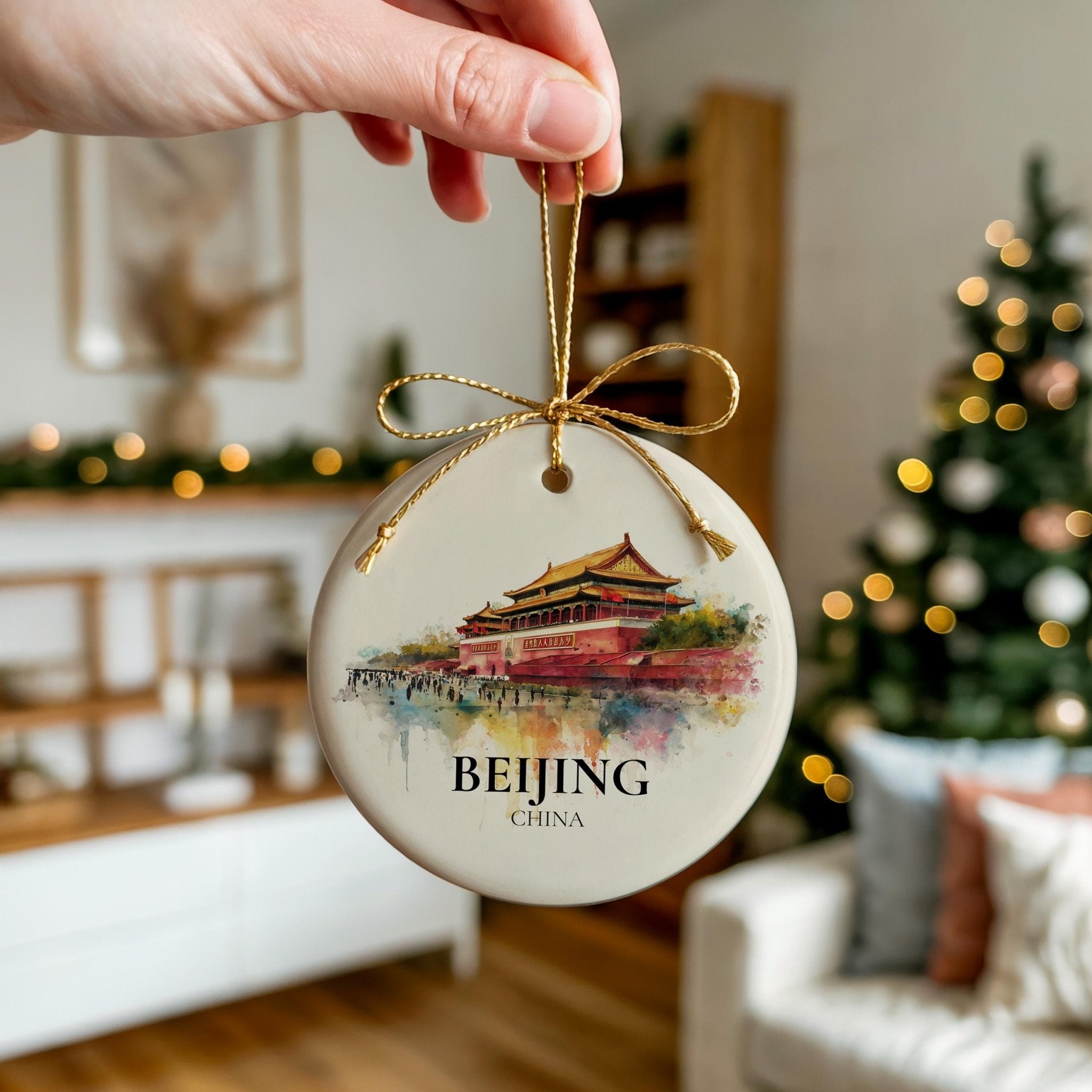 Beijing China Personalized Watercolor Ornament, Custom Ceramic Christmas gift, Travel Keepsake - CuteBeePix