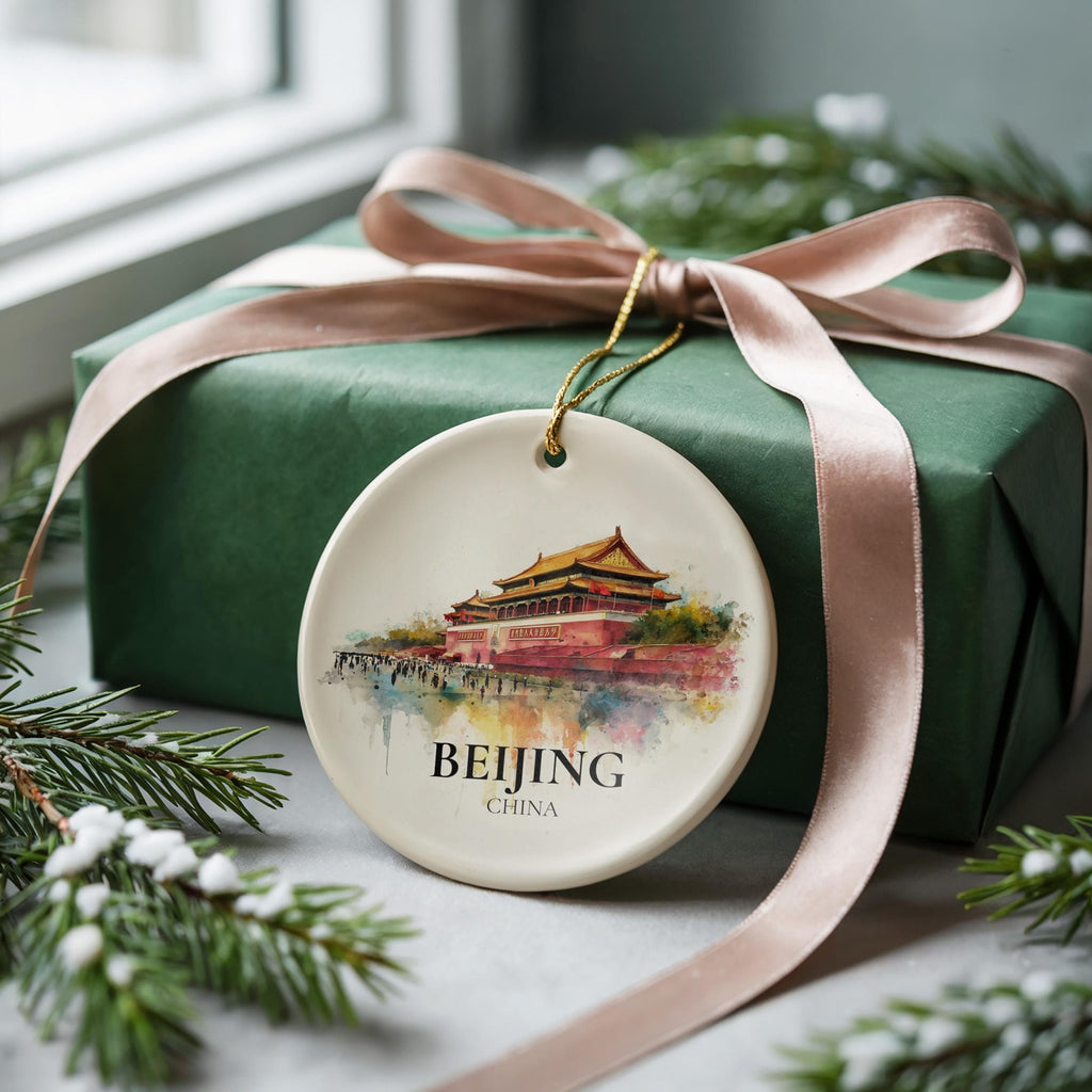 Beijing China Personalized Watercolor Ornament, Custom Ceramic Christmas gift, Travel Keepsake - CuteBeePix