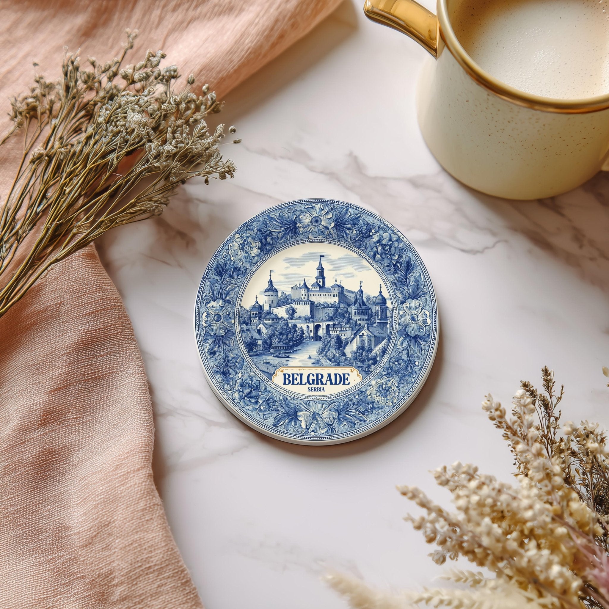 Belgrade Serbia Delftware Ceramic Coaster, Blue White Travel Gift, Vintage Home Decor Collectible - CuteBeePix