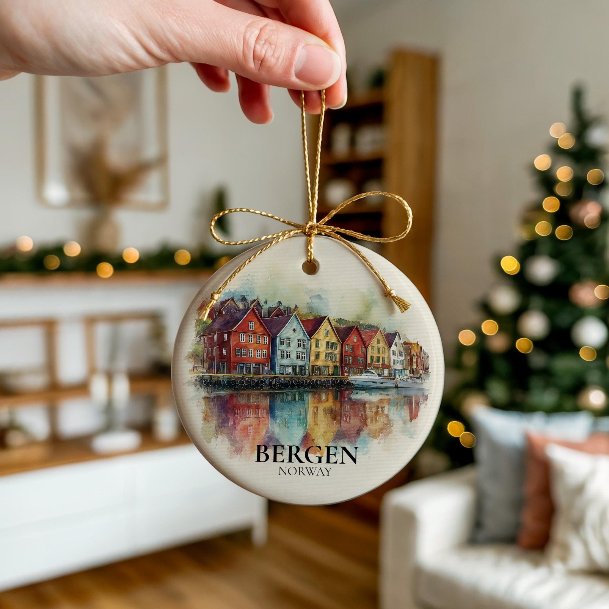 Bergen Norway Personalized Watercolor Ornament, Custom Ceramic Christmas gift, Travel Keepsake - CuteBeePix