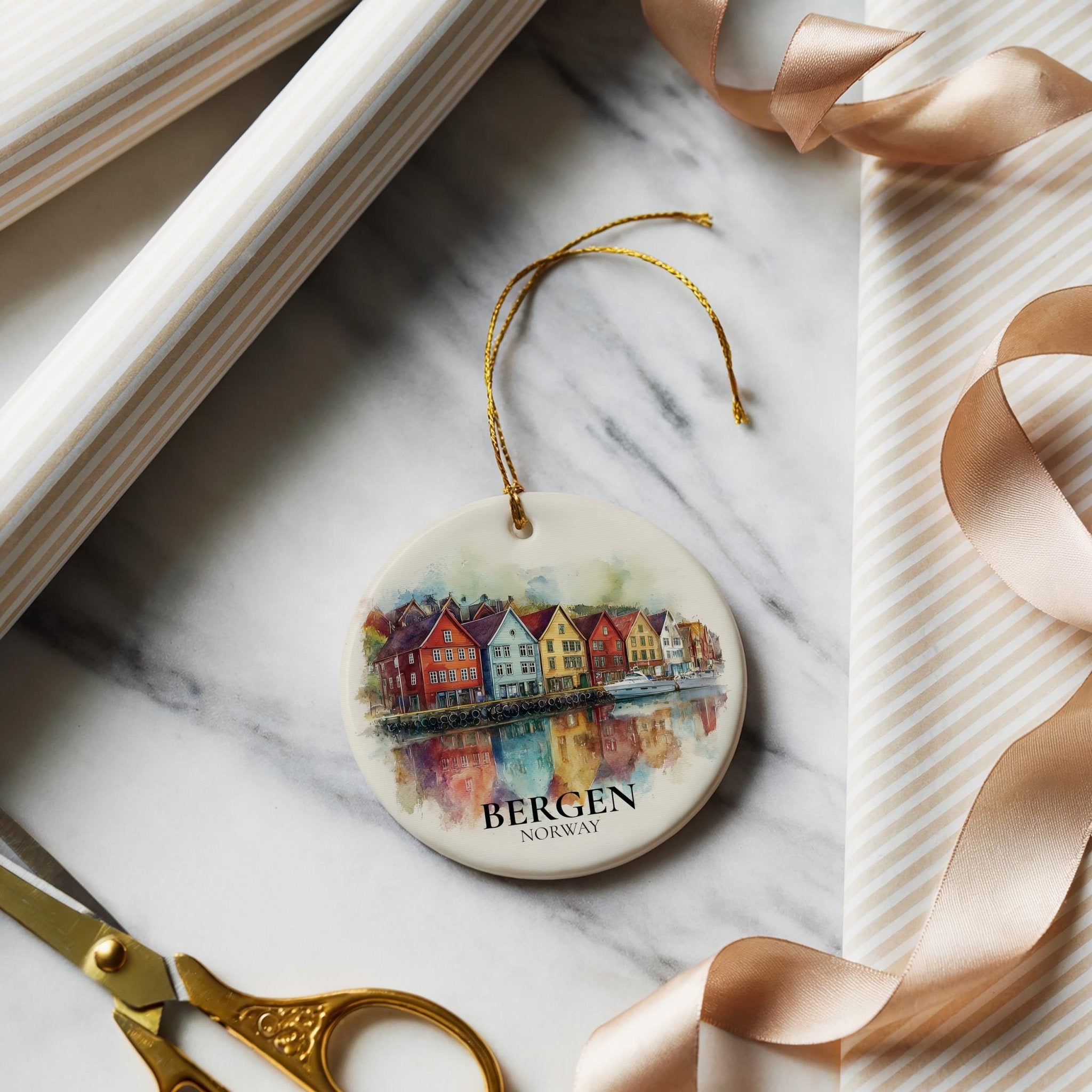 Bergen Norway Personalized Watercolor Ornament, Custom Ceramic Christmas gift, Travel Keepsake - CuteBeePix