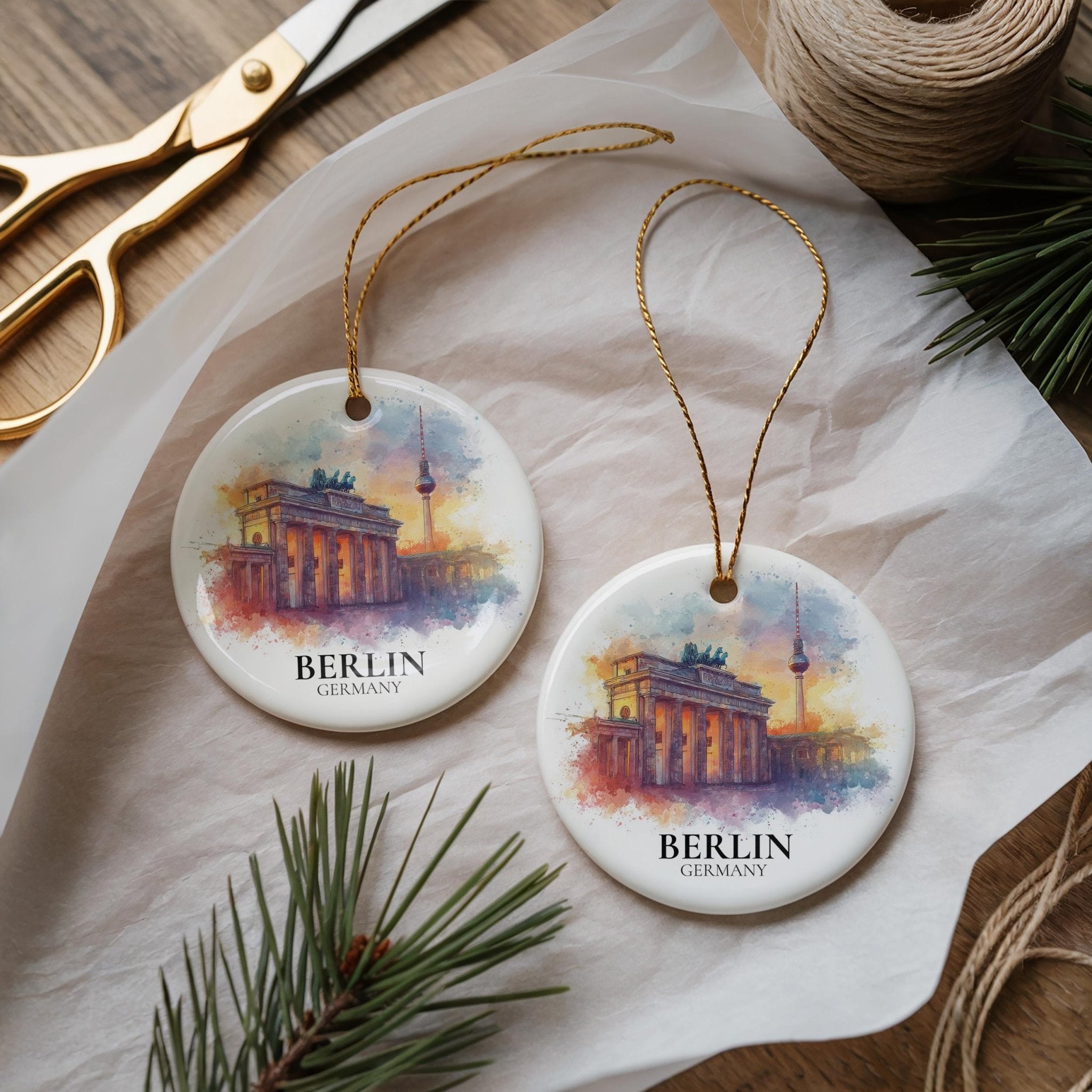 Berlin Germany Personalized Watercolor Ornament, Custom Ceramic Christmas gift, Travel Keepsake - CuteBeePix