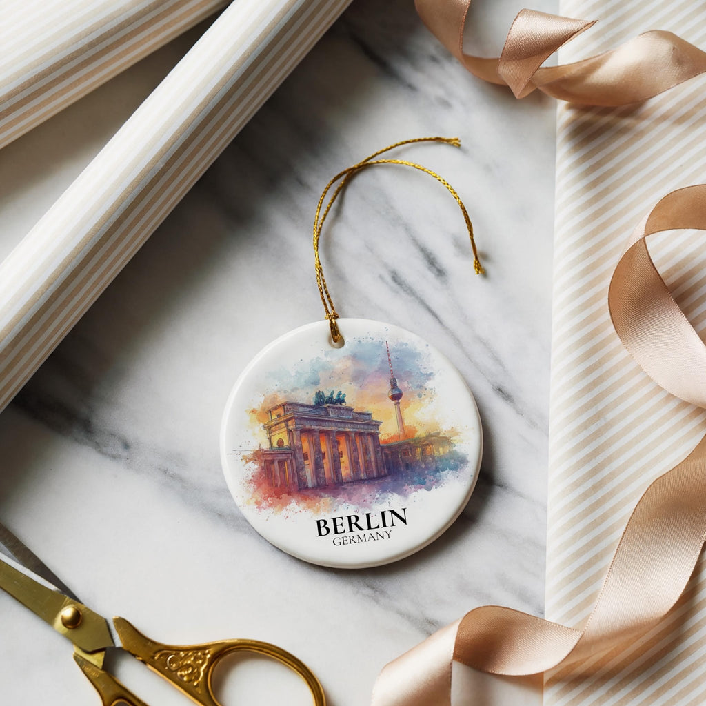 Berlin Germany Personalized Watercolor Ornament, Custom Ceramic Christmas gift, Travel Keepsake - CuteBeePix