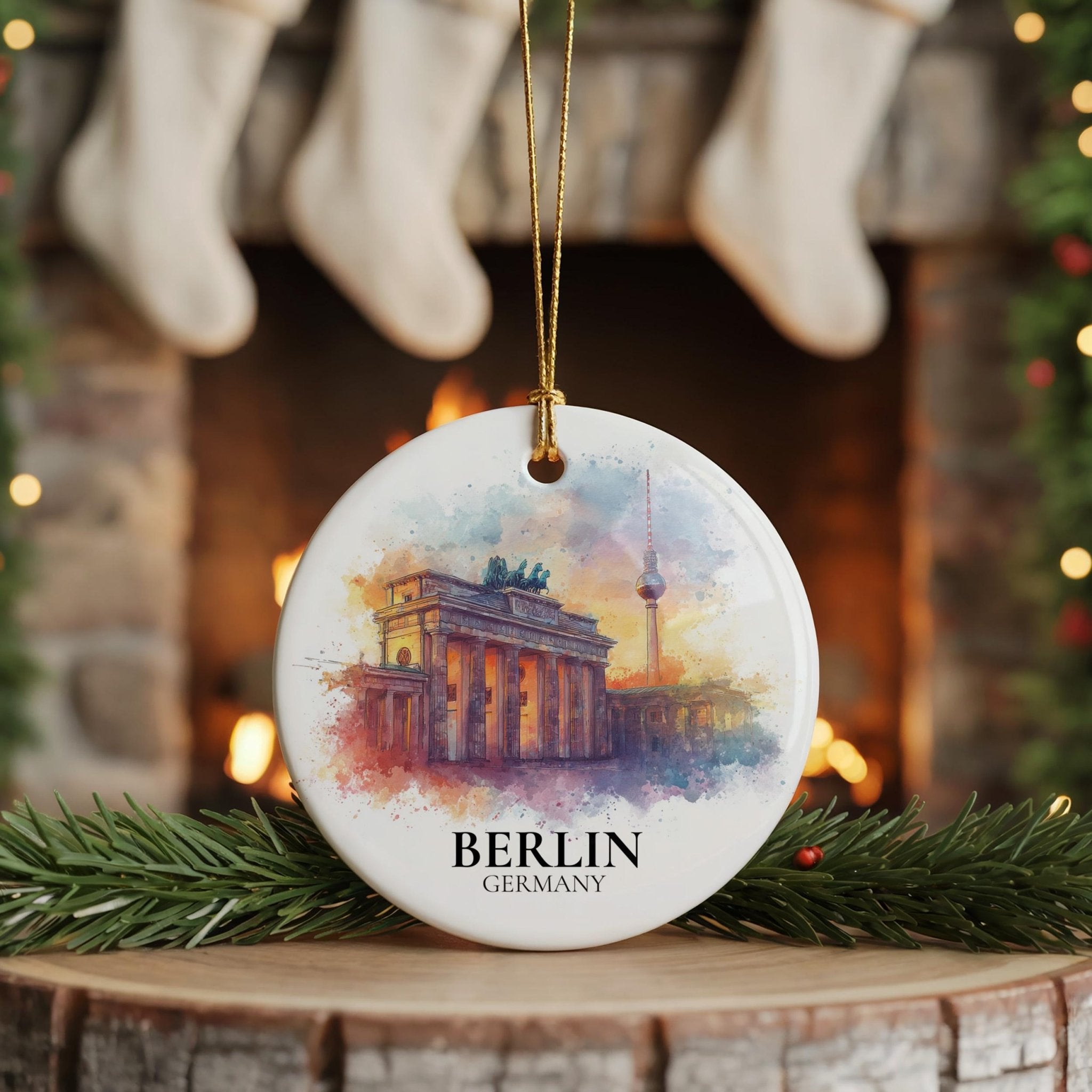 Berlin Germany Personalized Watercolor Ornament, Custom Ceramic Christmas gift, Travel Keepsake - CuteBeePix