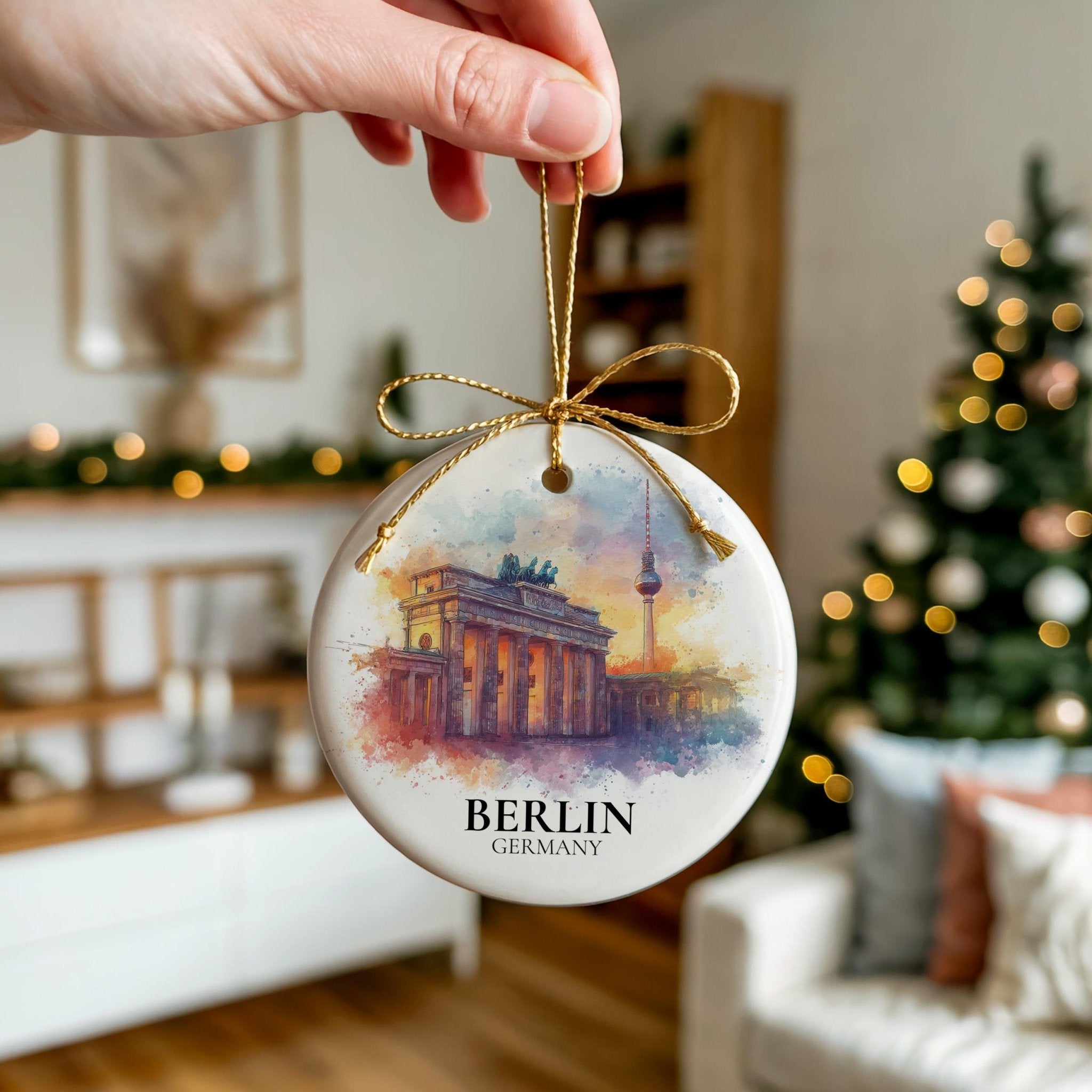 Berlin Germany Personalized Watercolor Ornament, Custom Ceramic Christmas gift, Travel Keepsake - CuteBeePix