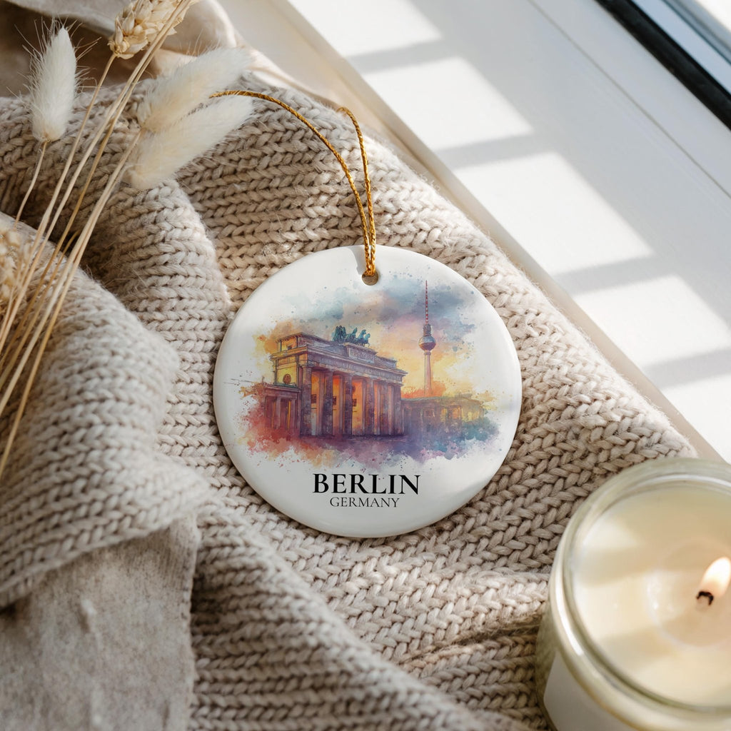 Berlin Germany Personalized Watercolor Ornament, Custom Ceramic Christmas gift, Travel Keepsake - CuteBeePix
