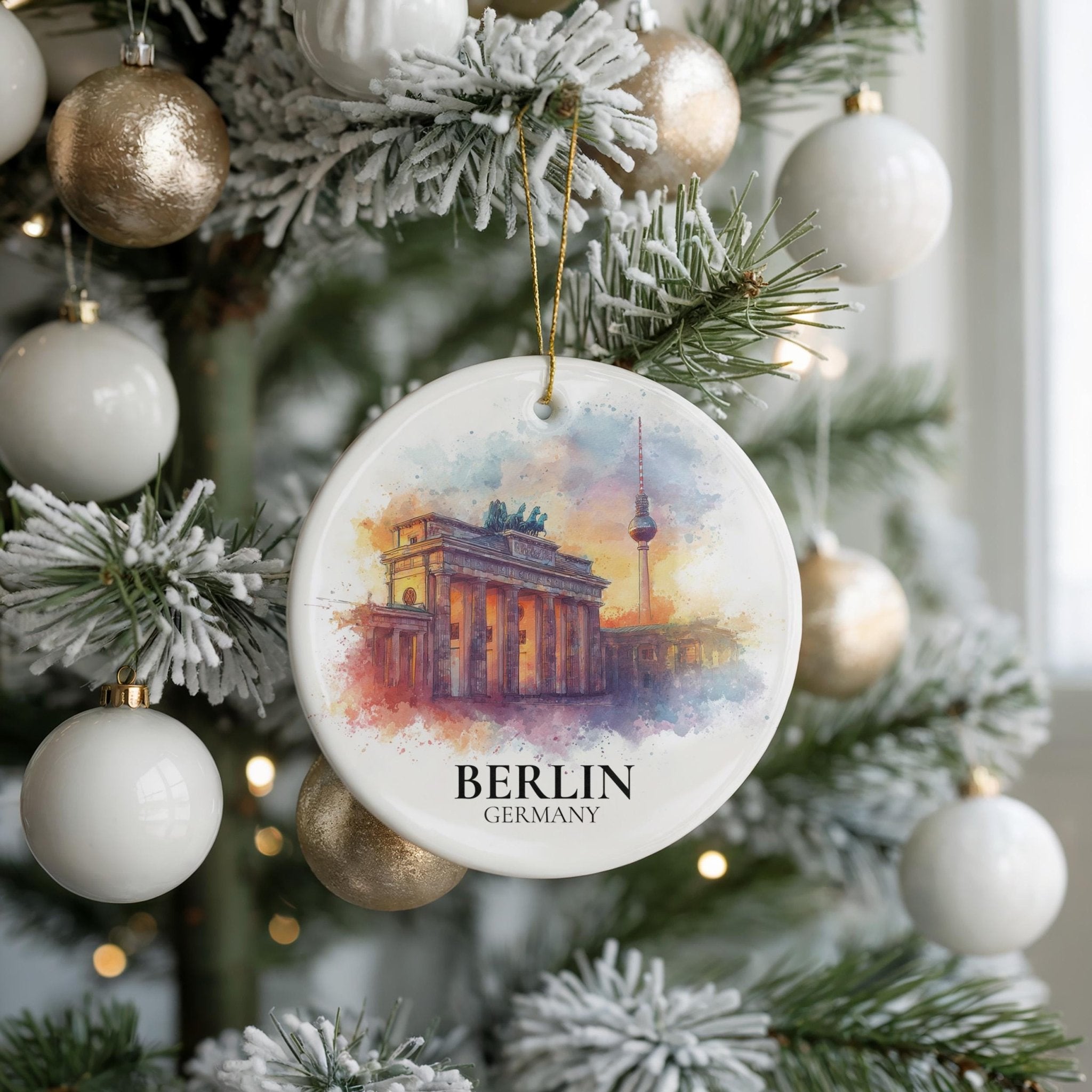 Berlin Germany Personalized Watercolor Ornament, Custom Ceramic Christmas gift, Travel Keepsake - CuteBeePix