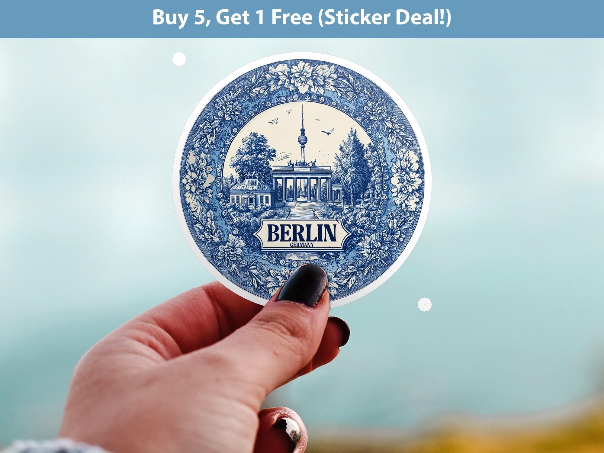Berlin Germany Sticker Vintage Delft style, Delftware Decal Waterproof Vinyl, Blue City Travel - CuteBeePix