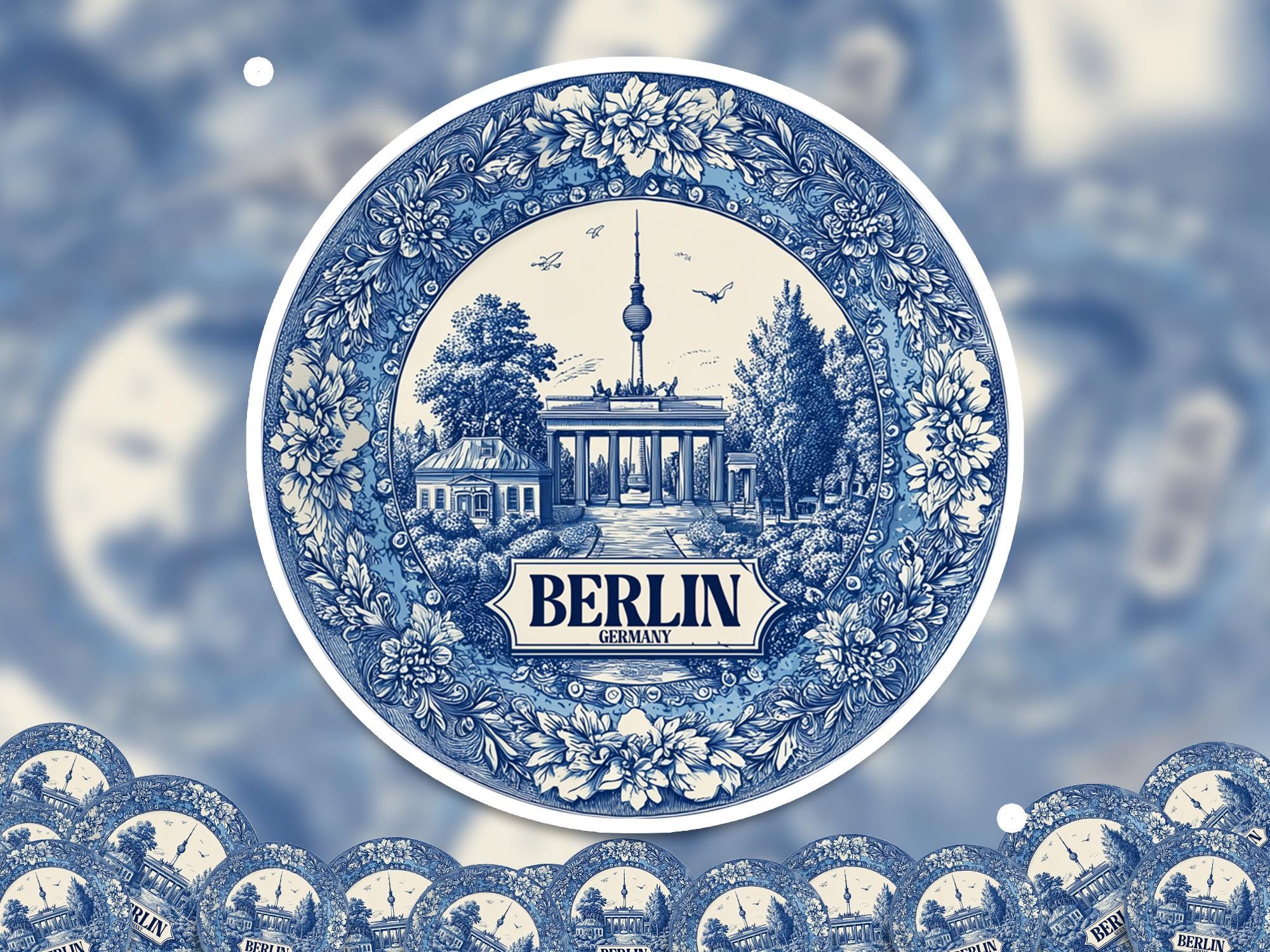 Berlin Germany Sticker Vintage Delft style, Delftware Decal Waterproof Vinyl, Blue City Travel - CuteBeePix