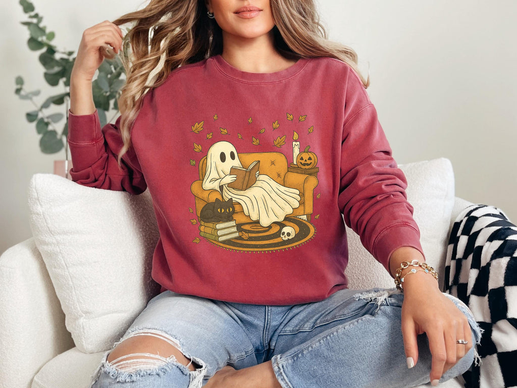 Retro Ghost reading book Halloween, Lazy Cute Halloween Spooky Season gift for her, Boo School, gift for her, him