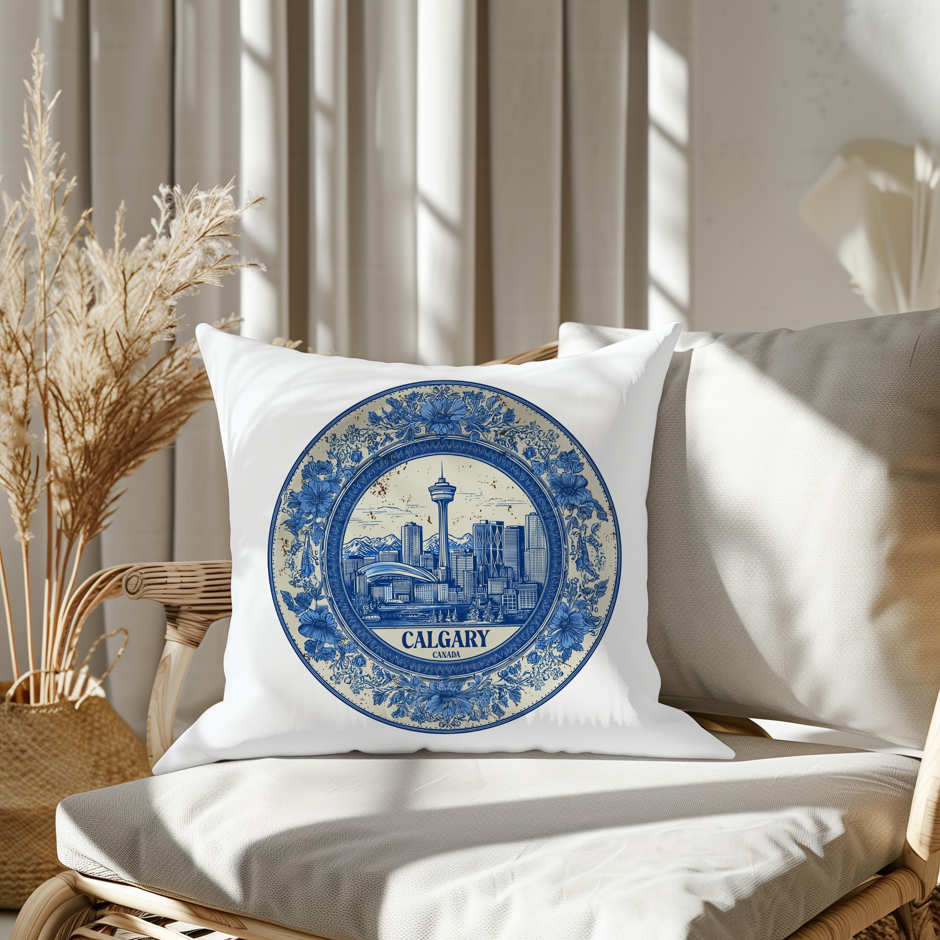 Calgary Canada Pillowcase, Delft Style Decorative Throw Pillow, Vintage Cityscape Retro Home Decor