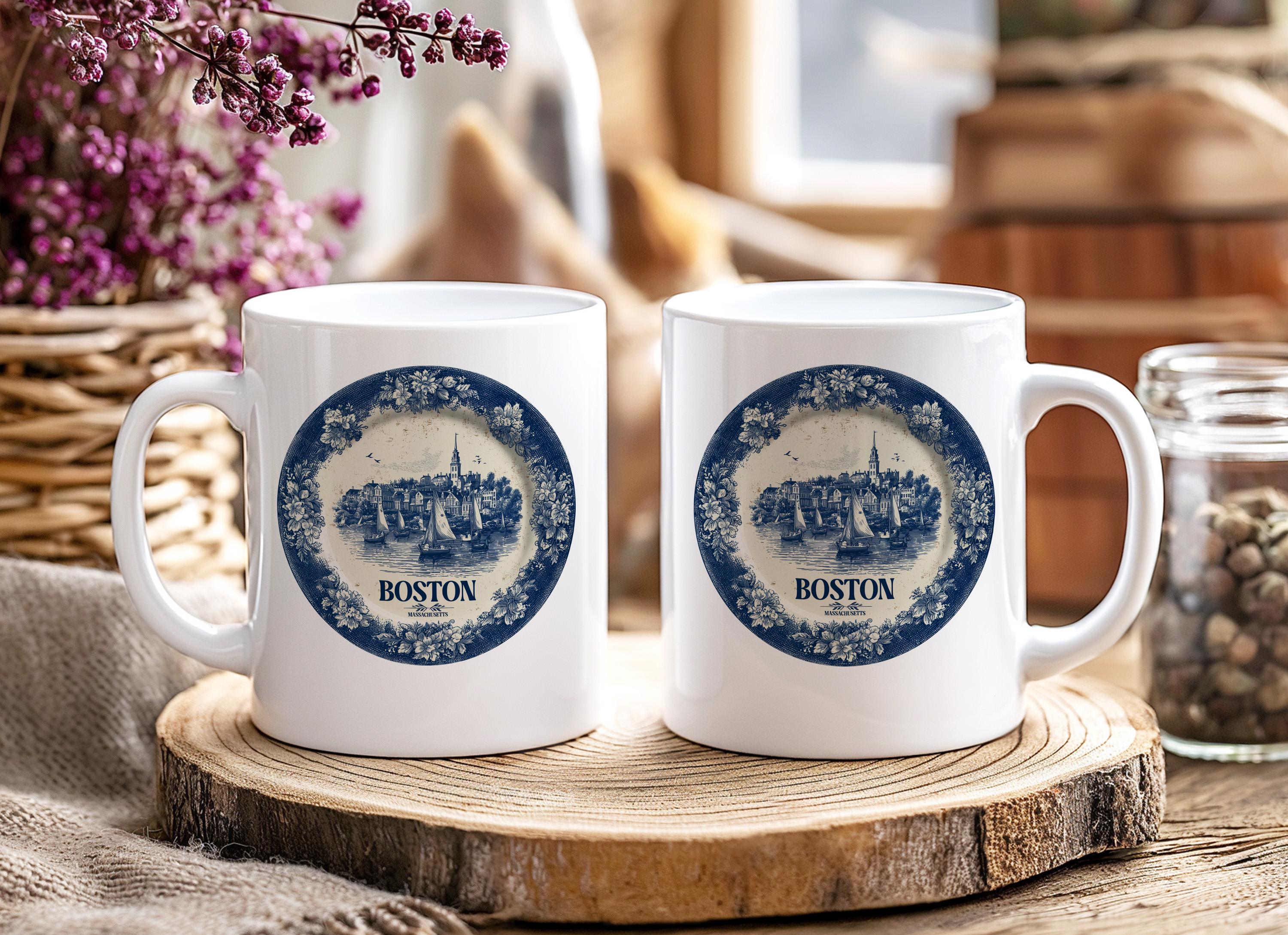 Boston Massachusetts Custom Mug, Delft Style cup, Personalized Vintage Travel City Gift