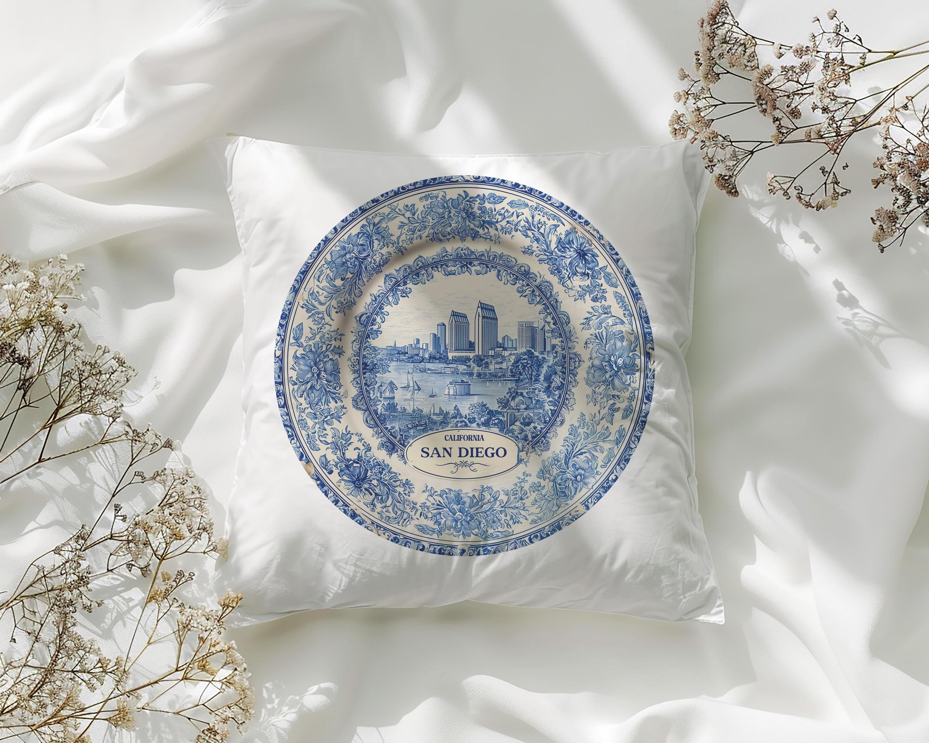 San Diego California Pillowcase, Delft Style Decorative Throw Pillow, Vintage Cityscape Retro Home Decor