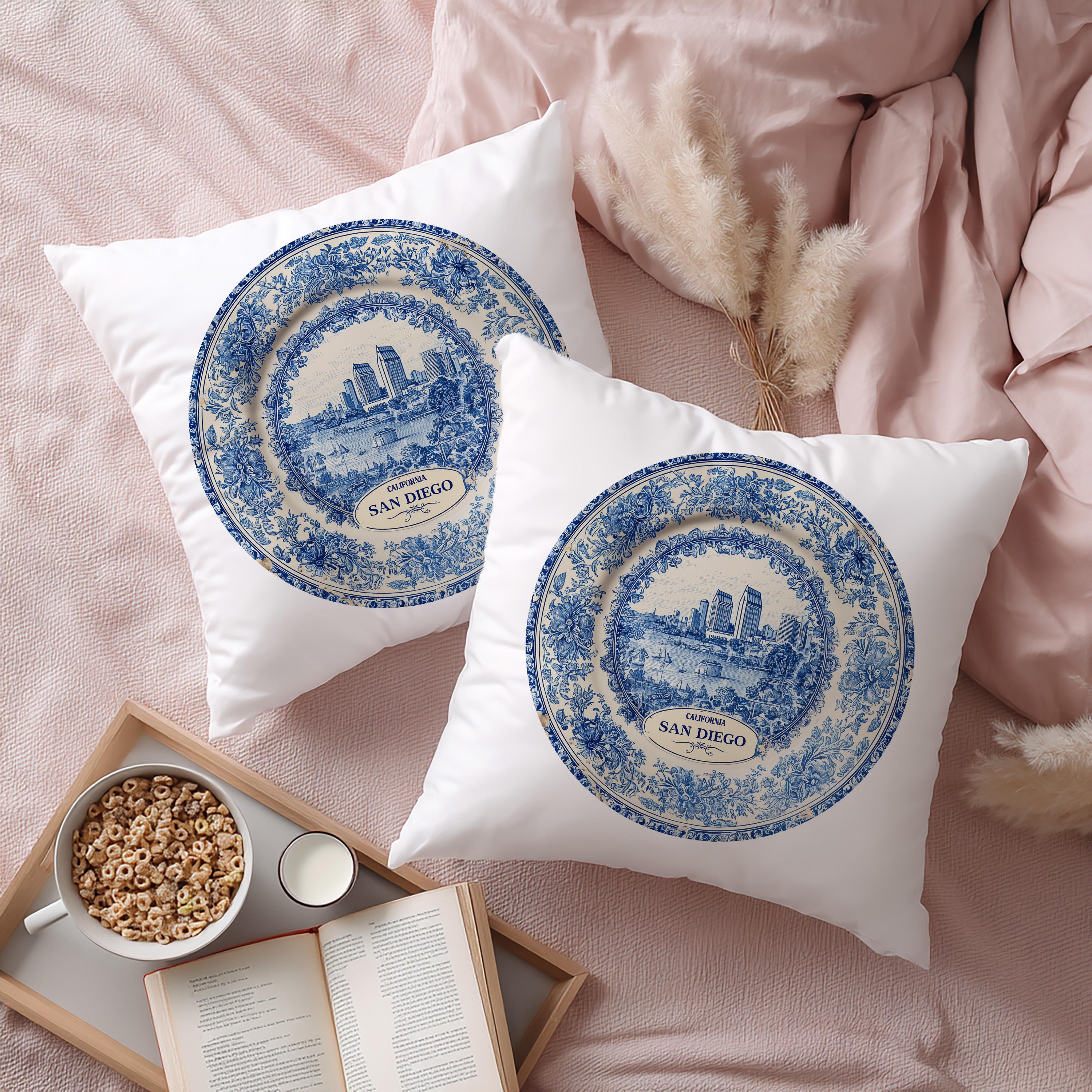 San Diego California Pillowcase, Delft Style Decorative Throw Pillow, Vintage Cityscape Retro Home Decor