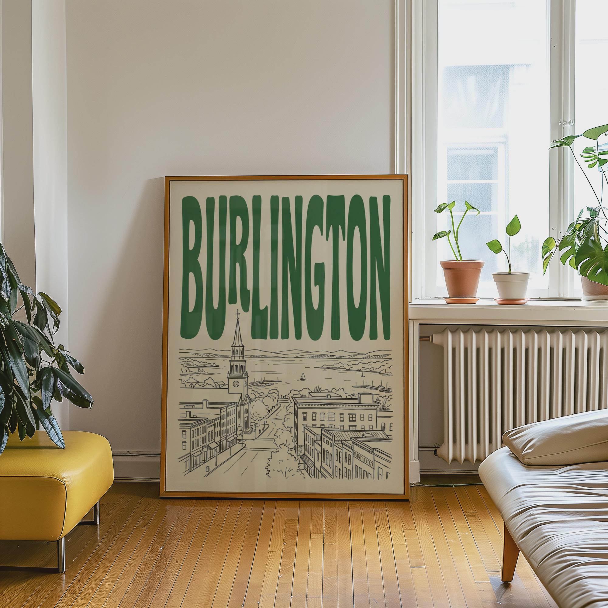 Burlington Vermont Skyline Wall Art, Framed Canvas Print, Retro Travel Decor