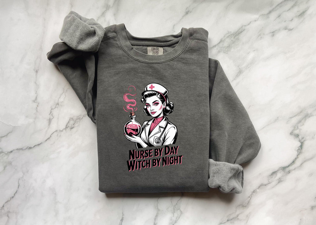 Nurse by Day Witch by Night Halloween Nurse Sweatshirt, Spooky RN Fall Top Cozy Autumn Pullover, Cute Retro Gift for Nurse