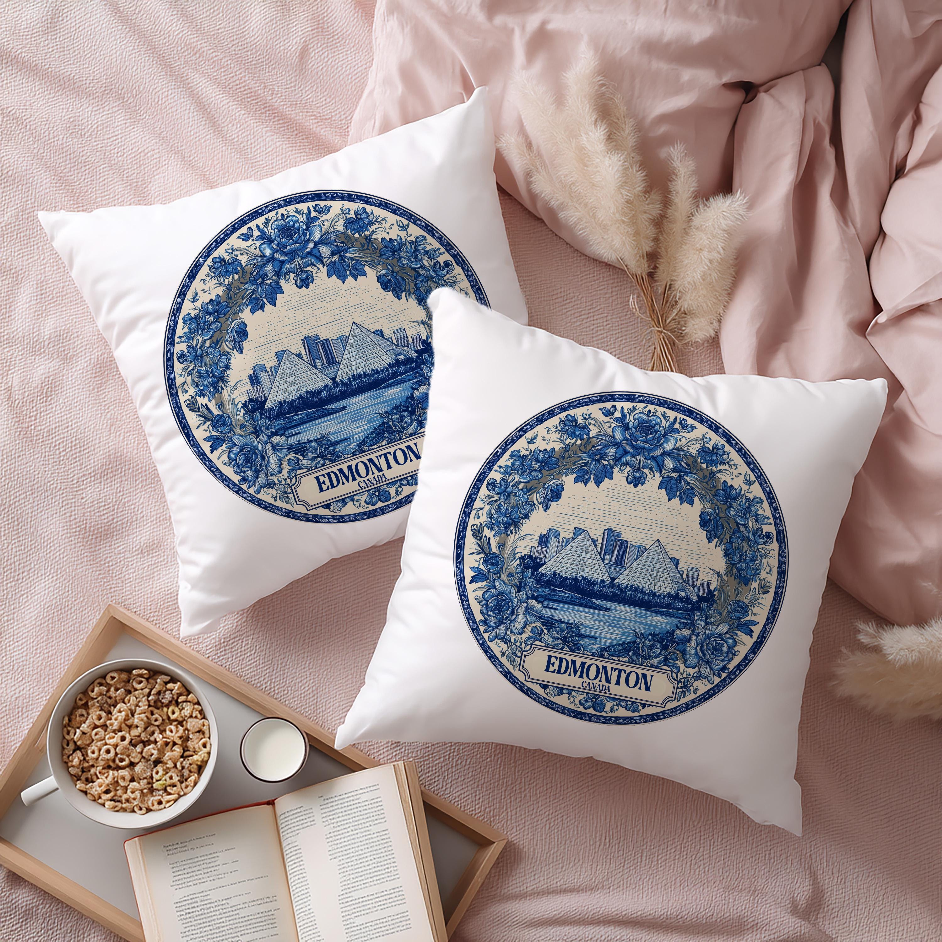 Edmonton Canada Pillowcase, Delft Style Decorative Throw Pillow, Vintage Cityscape Retro Home Decor
