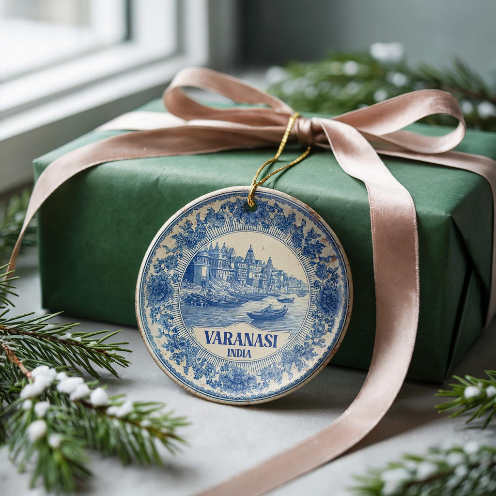 Custom Varanasi India Ceramic Delft Ornament, Christmas Delftware Blue Delftware city travel