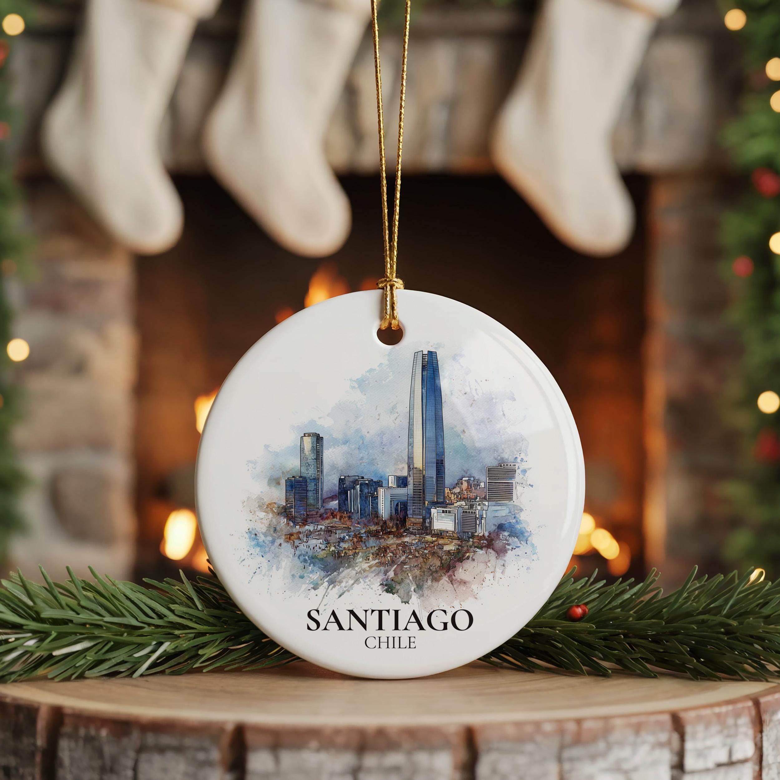 Santiago Chile Personalized Watercolor Ornament, Custom Ceramic Christmas gift, Travel Keepsake
