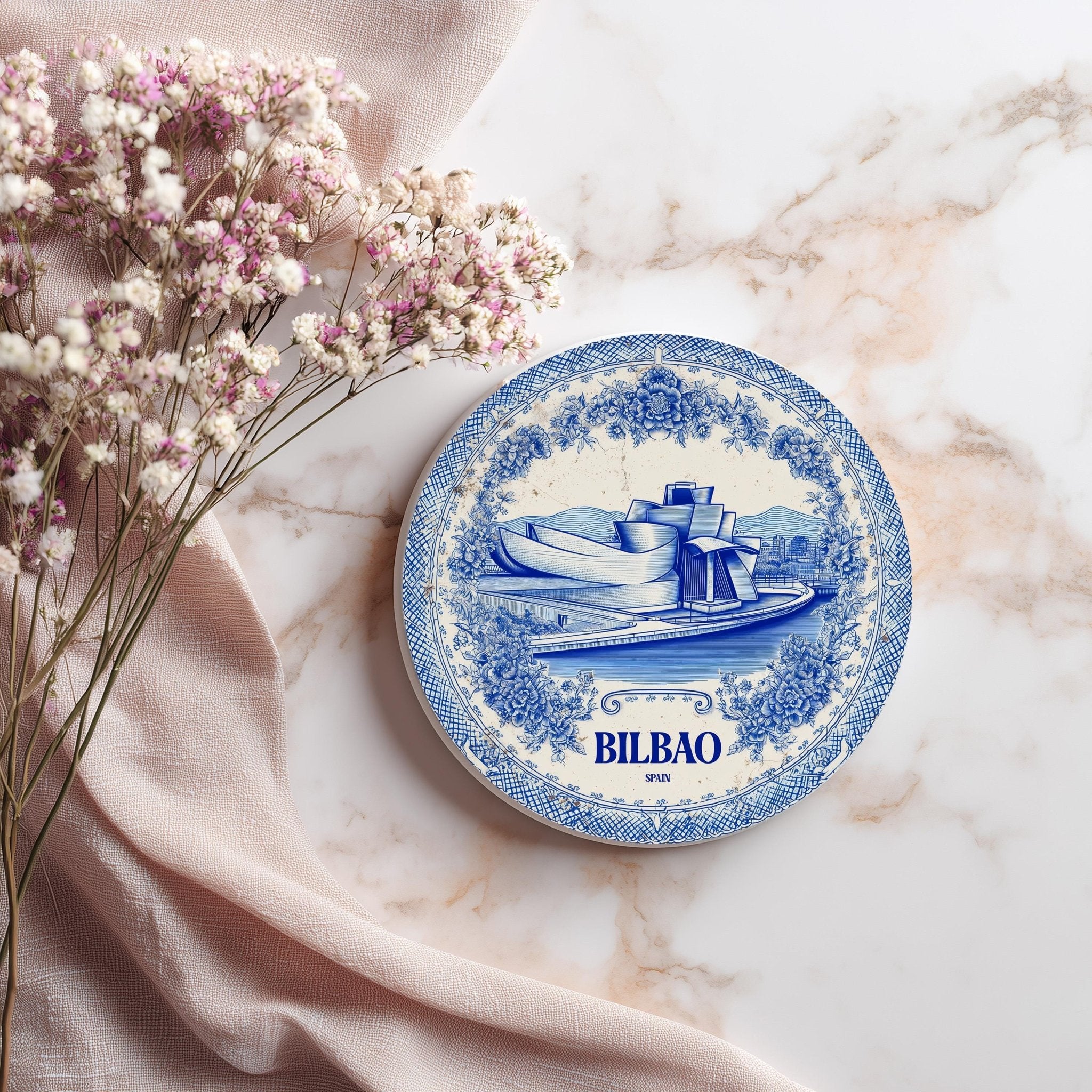 Bilbao Spain Delftware Ceramic Coaster, Blue White Travel Gift, Vintage Home Decor Collectible - CuteBeePix