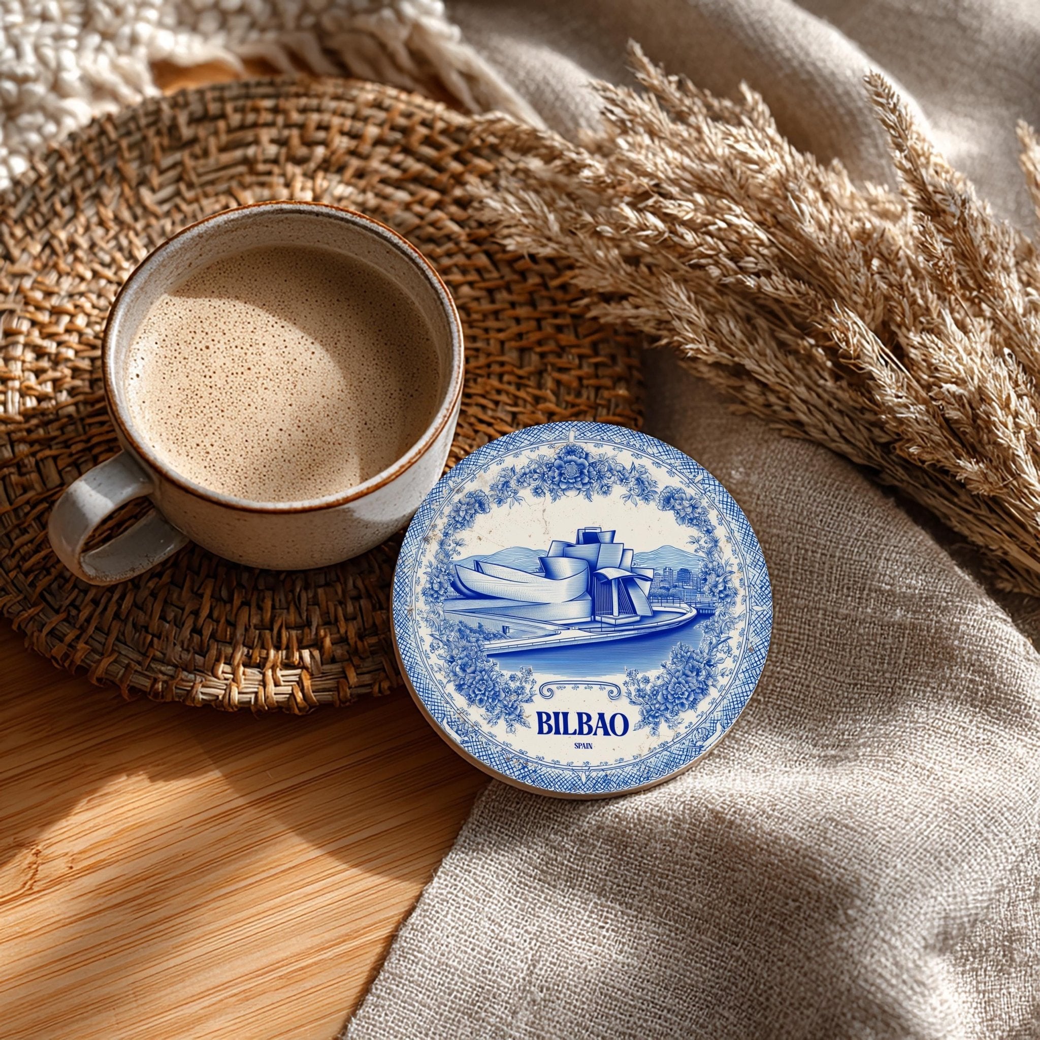 Bilbao Spain Delftware Ceramic Coaster, Blue White Travel Gift, Vintage Home Decor Collectible - CuteBeePix