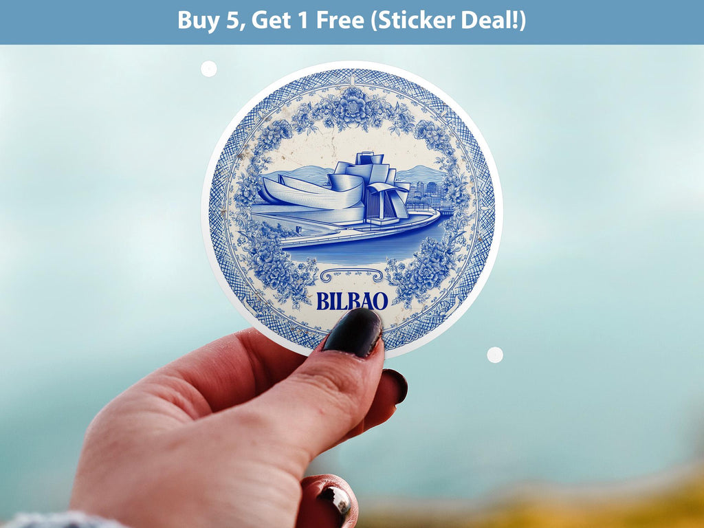 Bilbao Spain Sticker Vintage Delft style, Delftware Decal Waterproof Vinyl, Blue City Travel - CuteBeePix