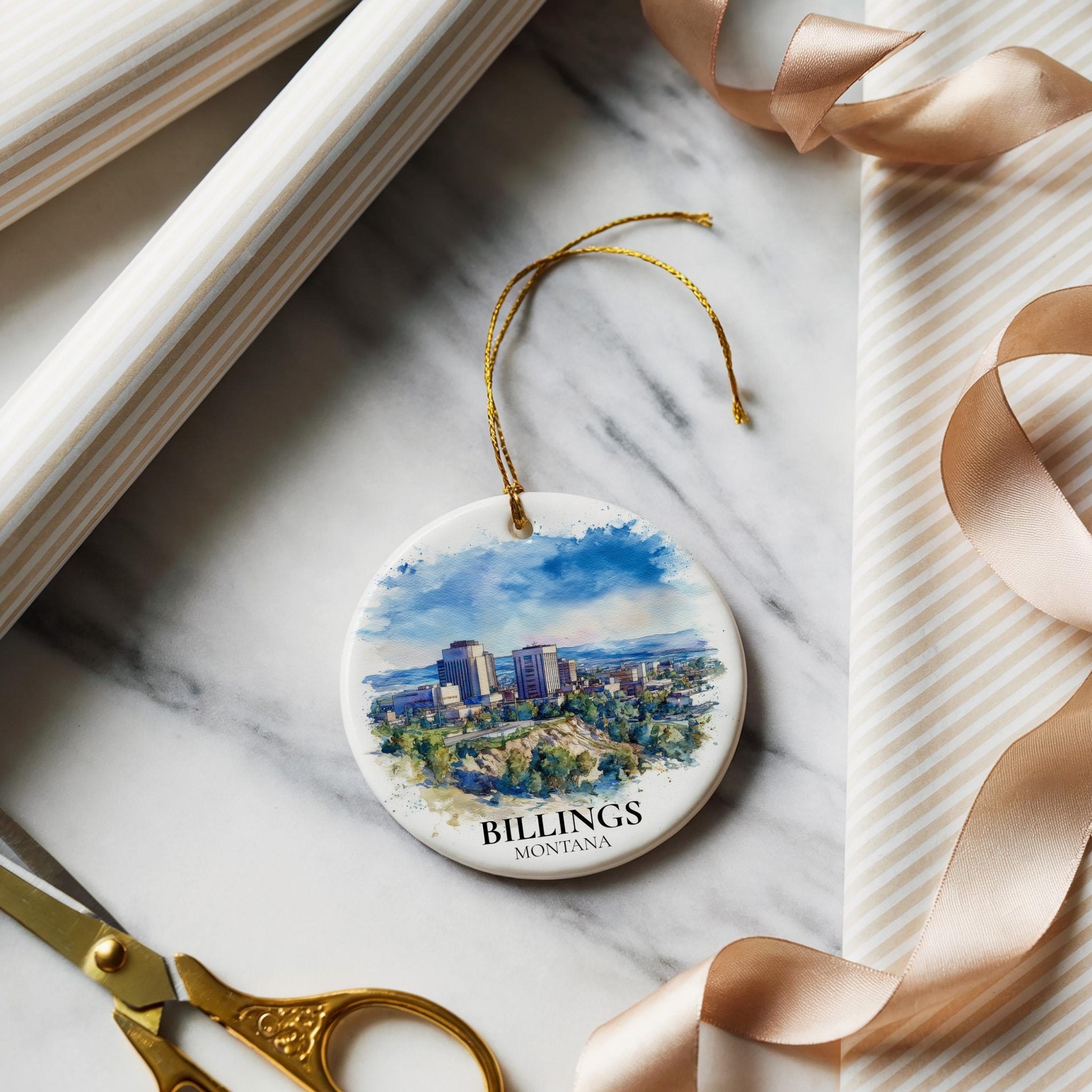 Billings Montana Personalized Watercolor Ornament, Custom Ceramic Christmas gift, Travel Keepsake - CuteBeePix