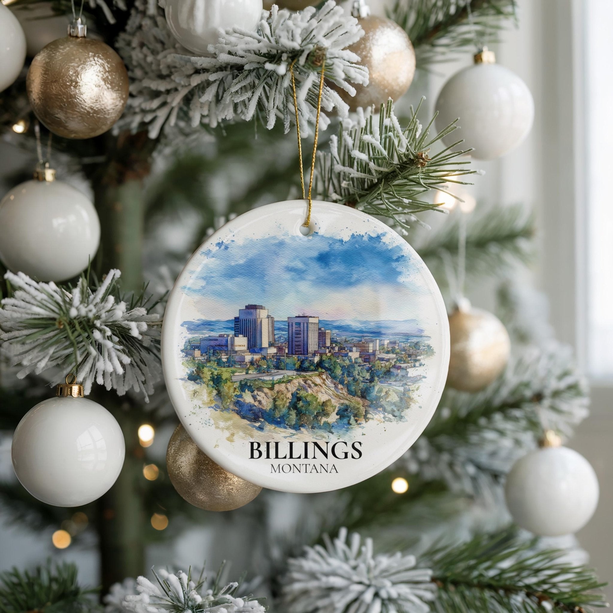 Billings Montana Personalized Watercolor Ornament, Custom Ceramic Christmas gift, Travel Keepsake - CuteBeePix