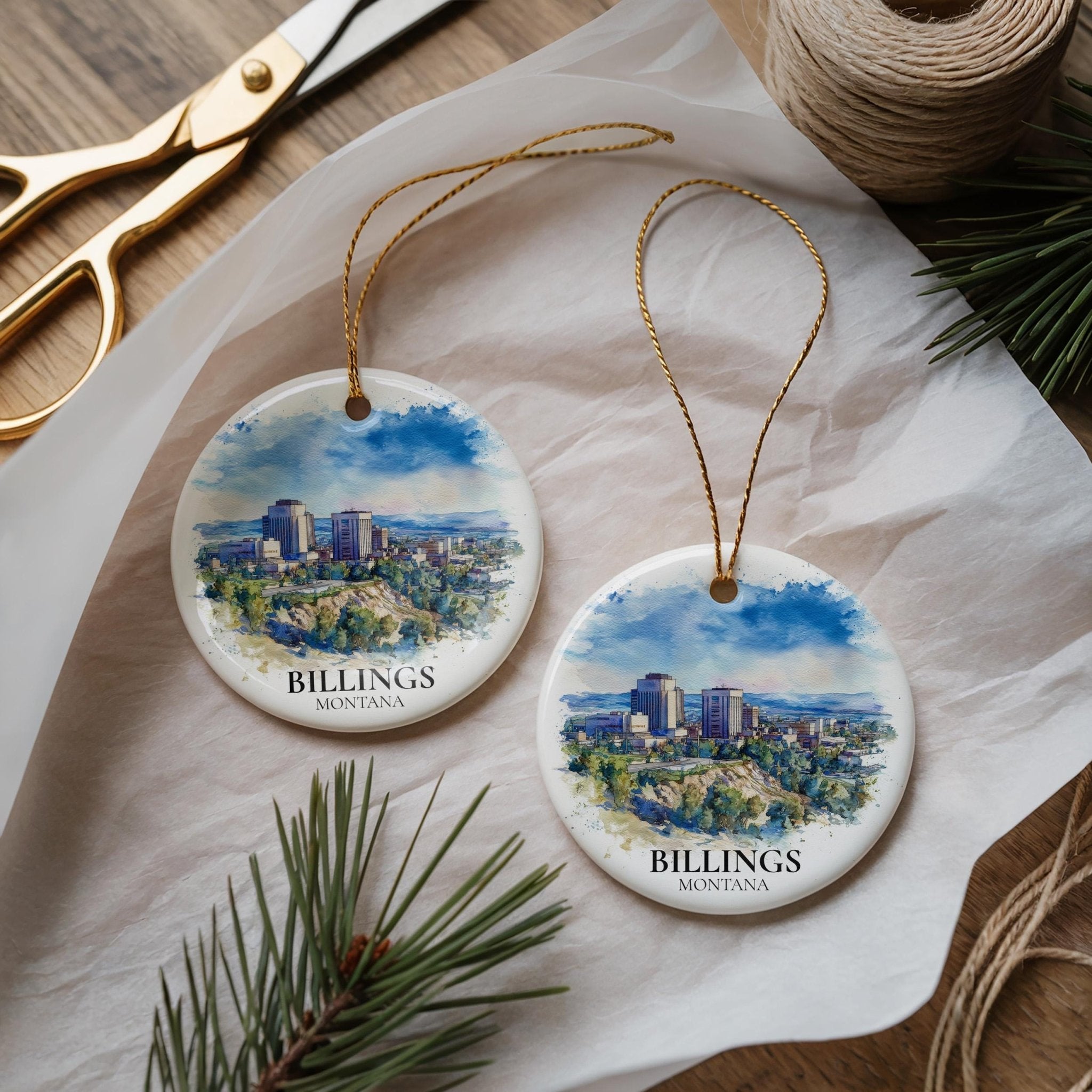 Billings Montana Personalized Watercolor Ornament, Custom Ceramic Christmas gift, Travel Keepsake - CuteBeePix