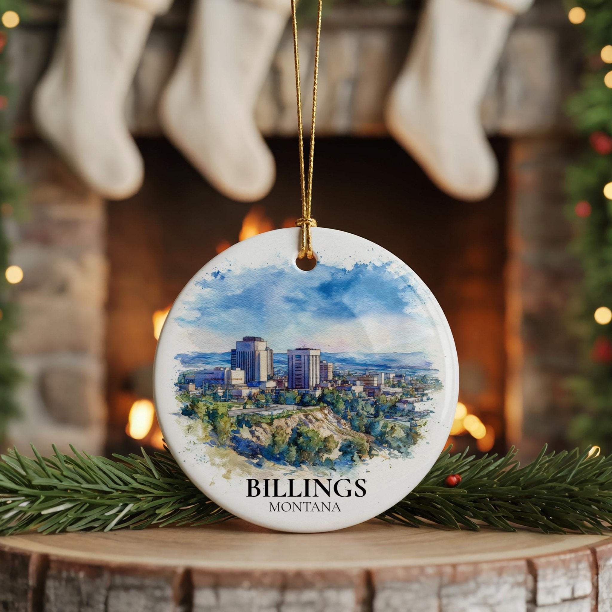 Billings Montana Personalized Watercolor Ornament, Custom Ceramic Christmas gift, Travel Keepsake - CuteBeePix