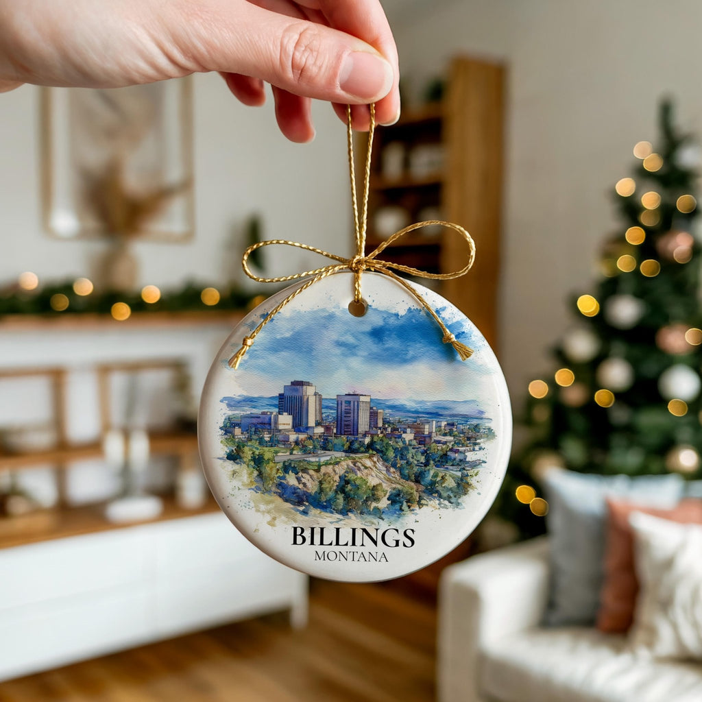 Billings Montana Personalized Watercolor Ornament, Custom Ceramic Christmas gift, Travel Keepsake - CuteBeePix