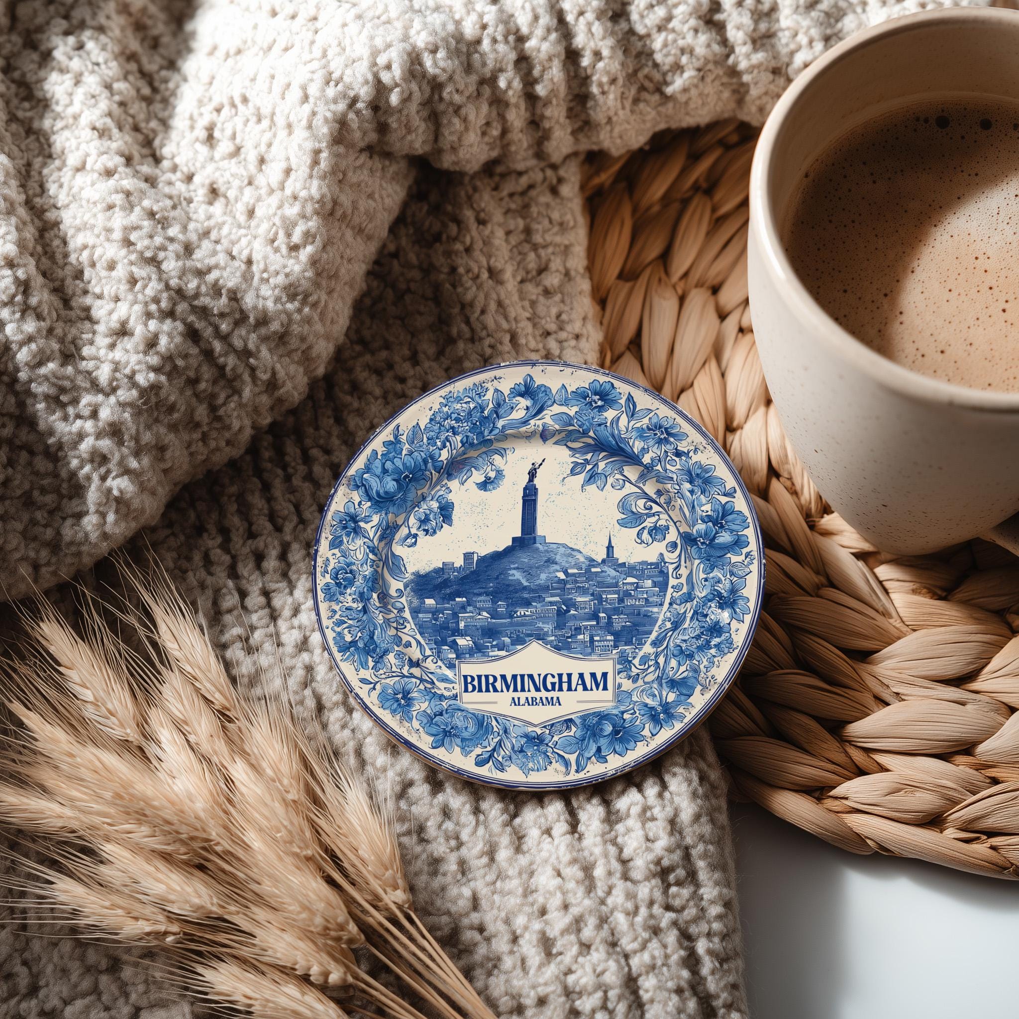 Birmingham Alabama Delftware Ceramic Coaster, Blue White Travel Gift, Vintage Home Decor Collectible - CuteBeePix