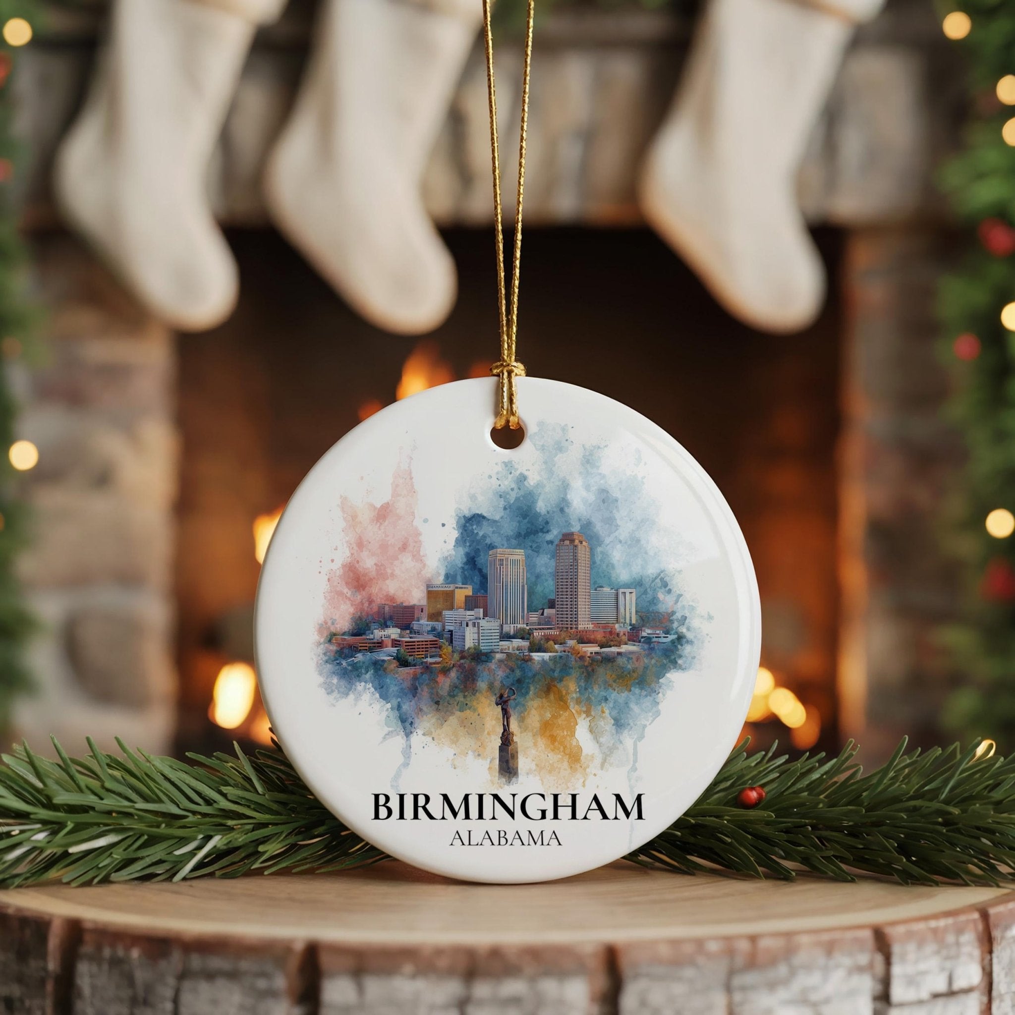 Birmingham Alabama Personalized Watercolor Ornament, Custom Ceramic Christmas gift, Travel Keepsake - CuteBeePix