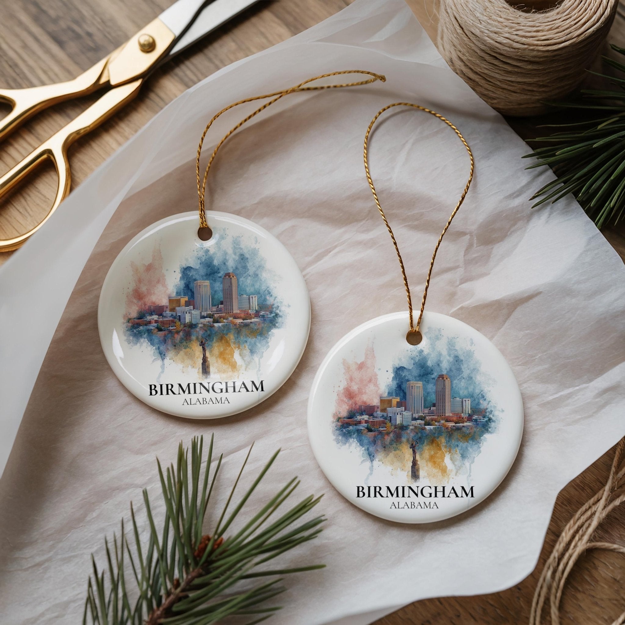 Birmingham Alabama Personalized Watercolor Ornament, Custom Ceramic Christmas gift, Travel Keepsake - CuteBeePix