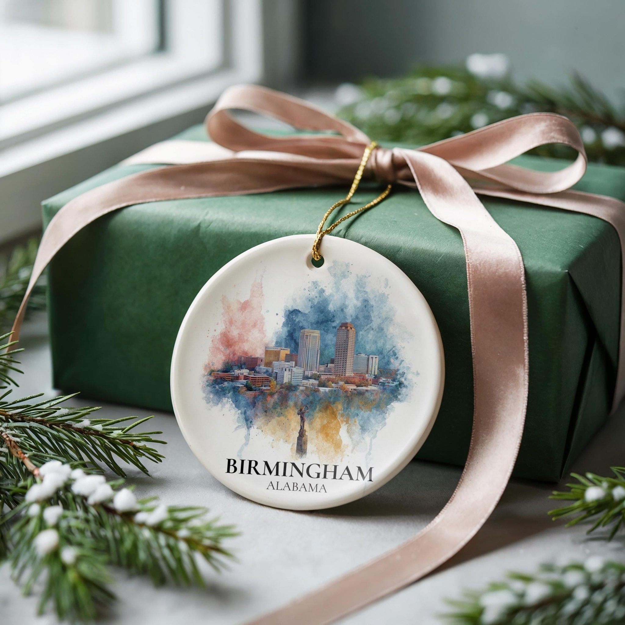 Birmingham Alabama Personalized Watercolor Ornament, Custom Ceramic Christmas gift, Travel Keepsake - CuteBeePix