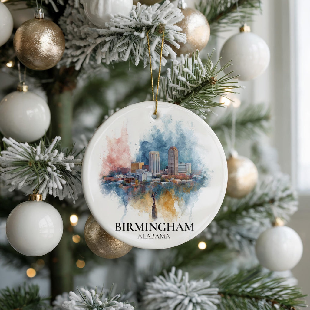 Birmingham Alabama Personalized Watercolor Ornament, Custom Ceramic Christmas gift, Travel Keepsake - CuteBeePix
