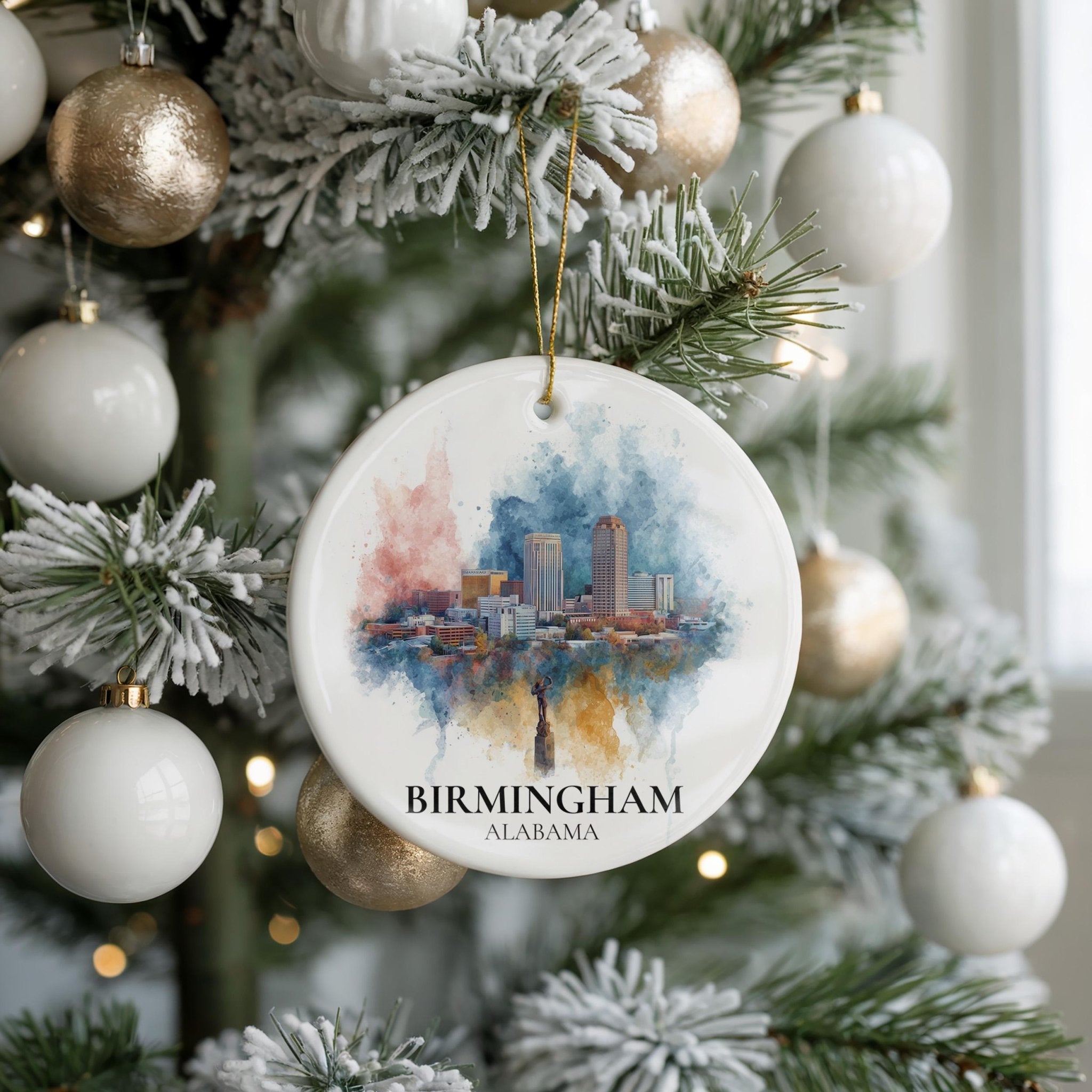 Birmingham Alabama Personalized Watercolor Ornament, Custom Ceramic Christmas gift, Travel Keepsake - CuteBeePix