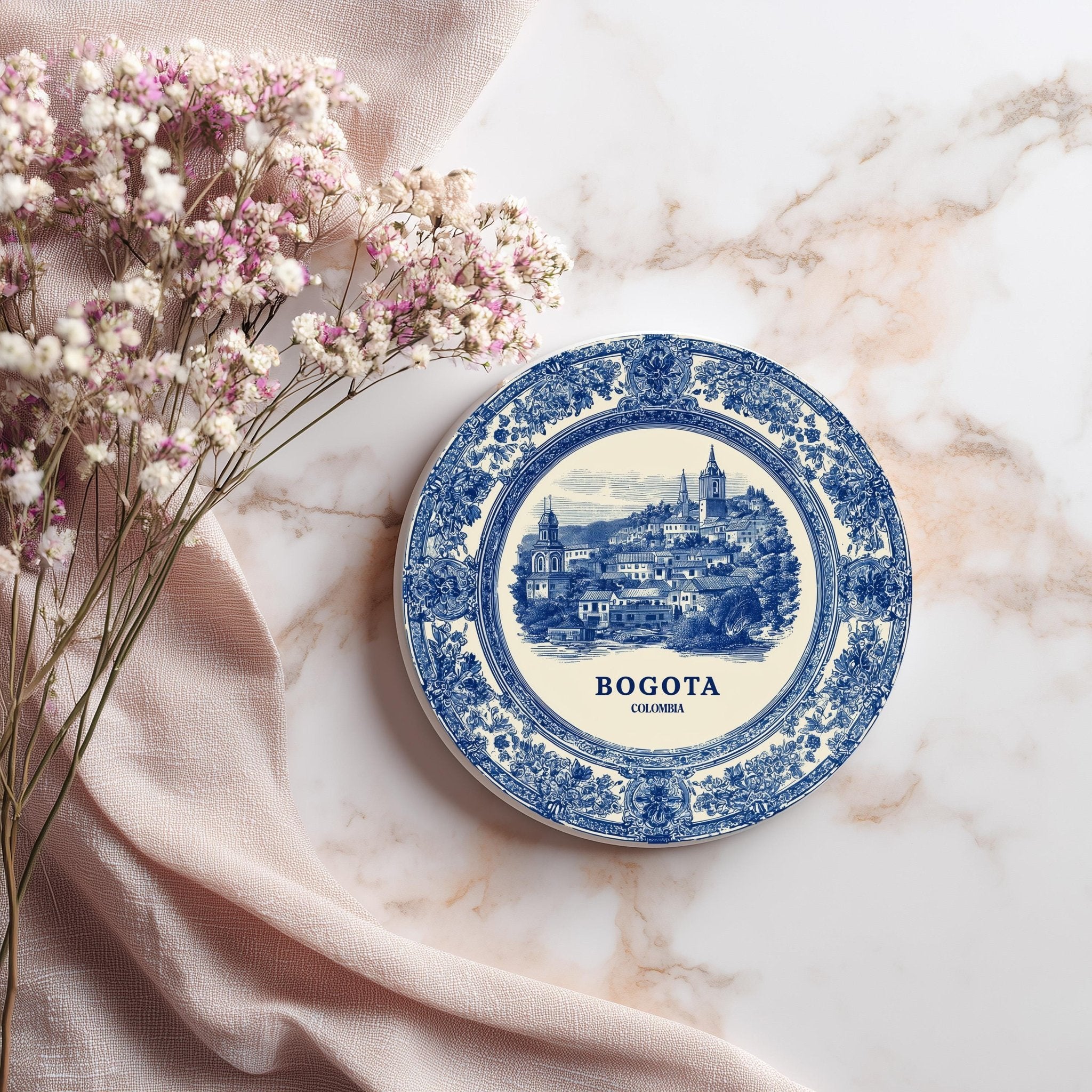 Bogota Colombia Delftware Ceramic Coaster, Blue White Travel Gift, Vintage Home Decor Collectible - CuteBeePix