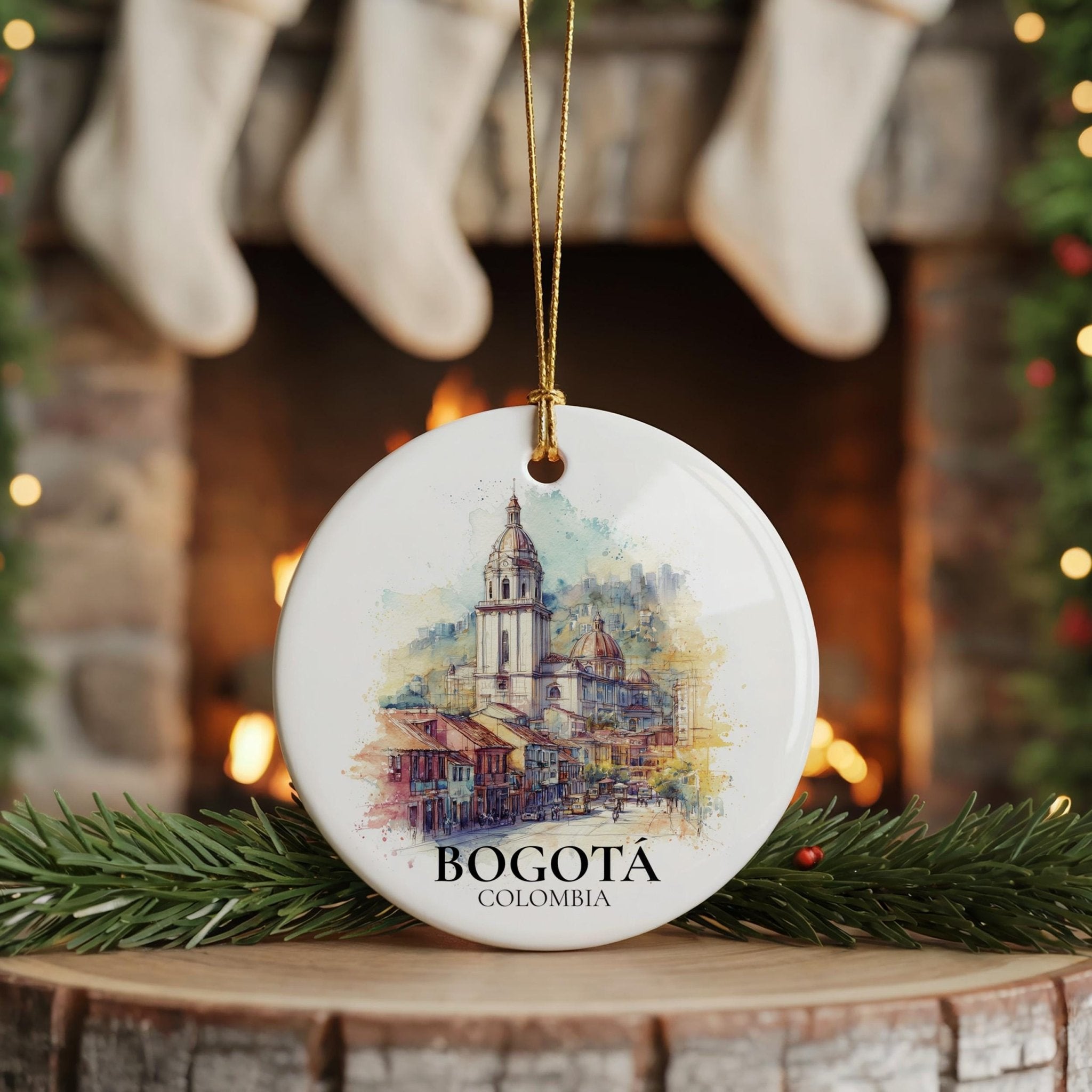 Bogota Colombia Personalized Watercolor Ornament, Custom Ceramic Christmas gift, Travel Keepsake - CuteBeePix