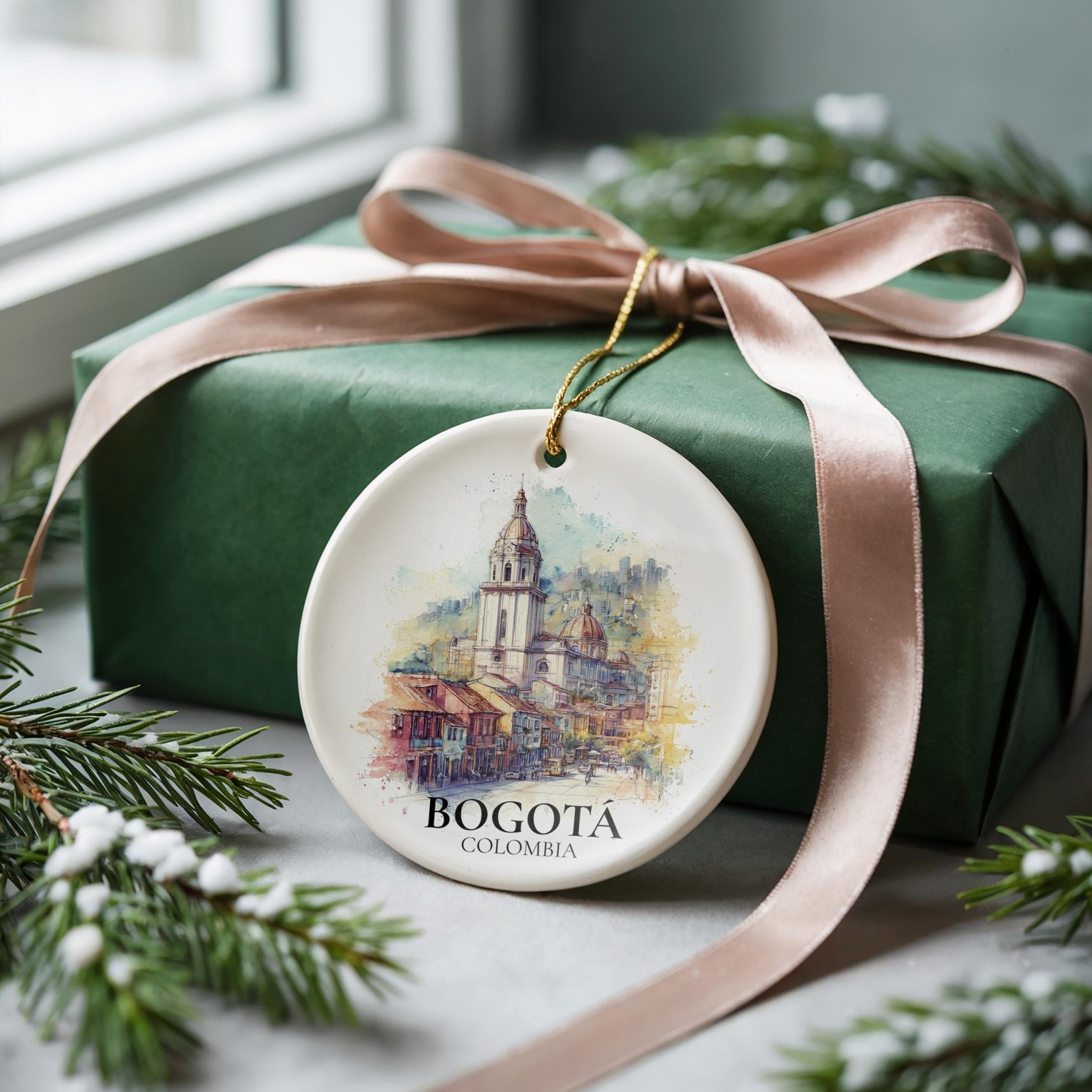 Bogota Colombia Personalized Watercolor Ornament, Custom Ceramic Christmas gift, Travel Keepsake - CuteBeePix