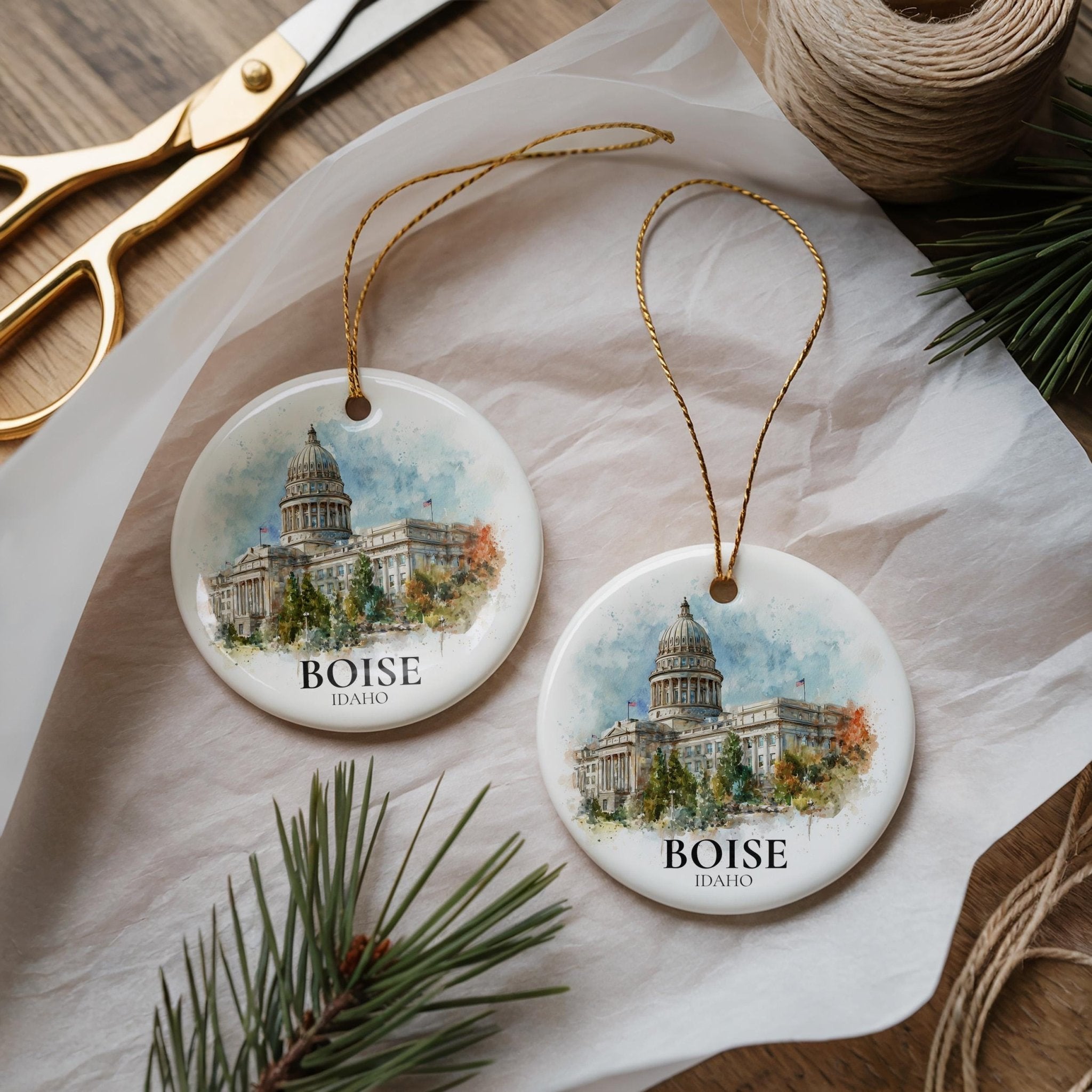 Boise Idaho Personalized Watercolor Ornament, Custom Ceramic Christmas gift, Travel Keepsake - CuteBeePix