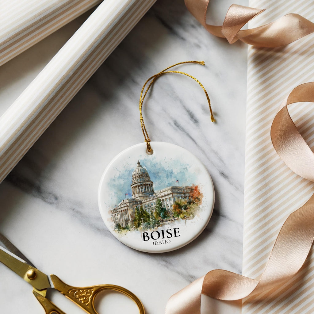 Boise Idaho Personalized Watercolor Ornament, Custom Ceramic Christmas gift, Travel Keepsake - CuteBeePix