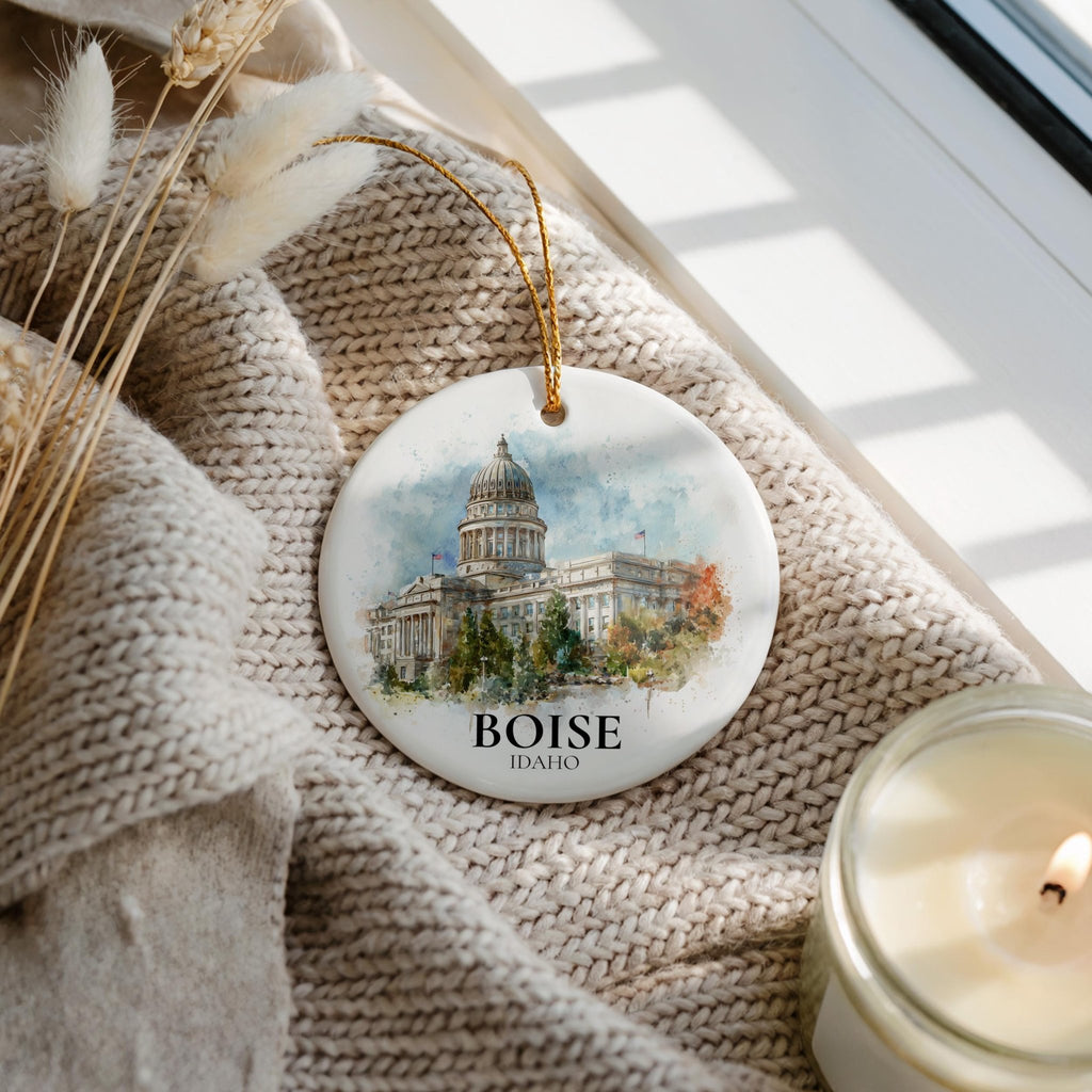 Boise Idaho Personalized Watercolor Ornament, Custom Ceramic Christmas gift, Travel Keepsake - CuteBeePix