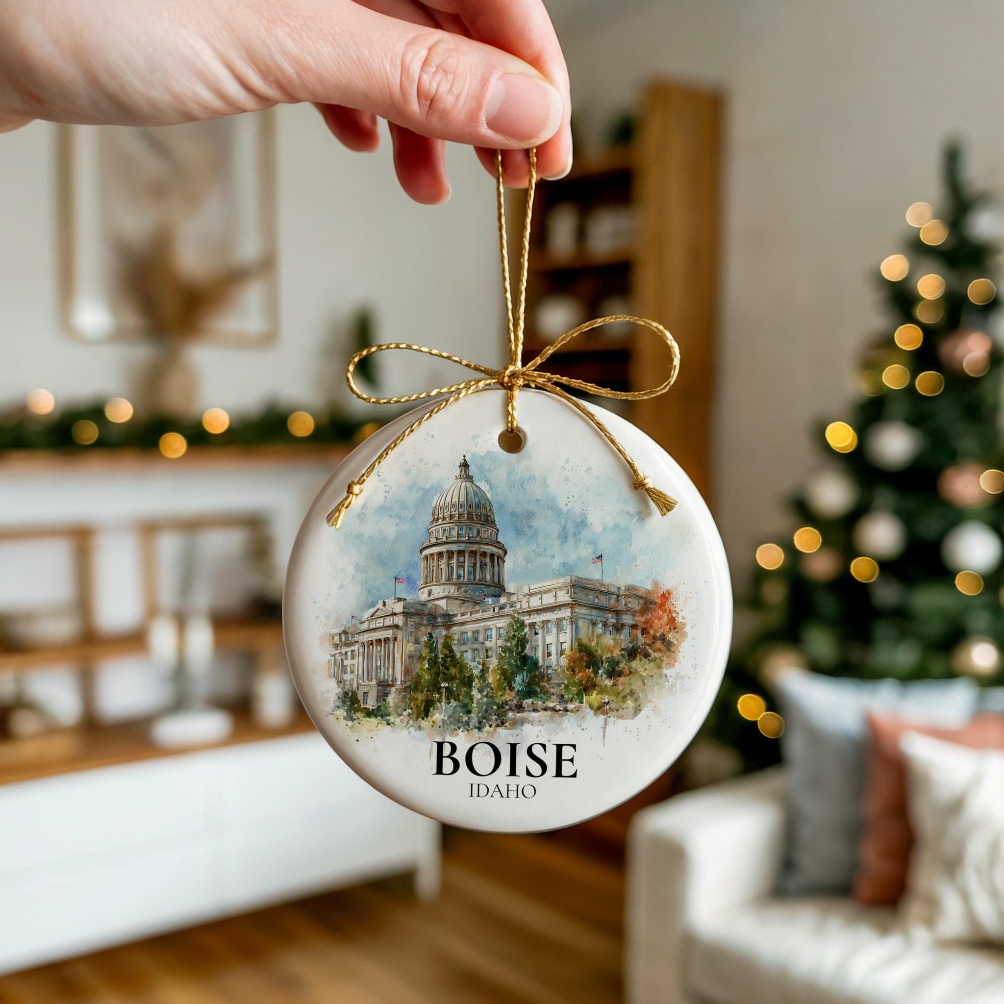 Boise Idaho Personalized Watercolor Ornament, Custom Ceramic Christmas gift, Travel Keepsake - CuteBeePix