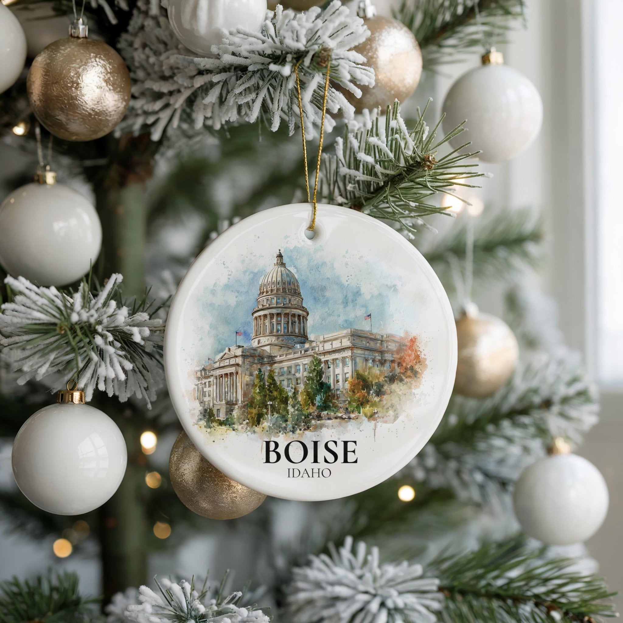 Boise Idaho Personalized Watercolor Ornament, Custom Ceramic Christmas gift, Travel Keepsake - CuteBeePix