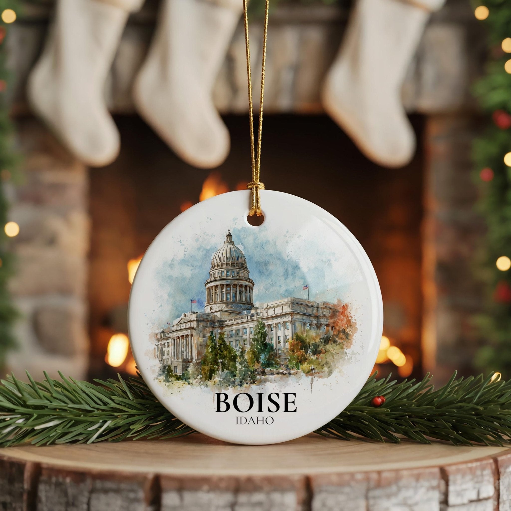 Boise Idaho Personalized Watercolor Ornament, Custom Ceramic Christmas gift, Travel Keepsake - CuteBeePix